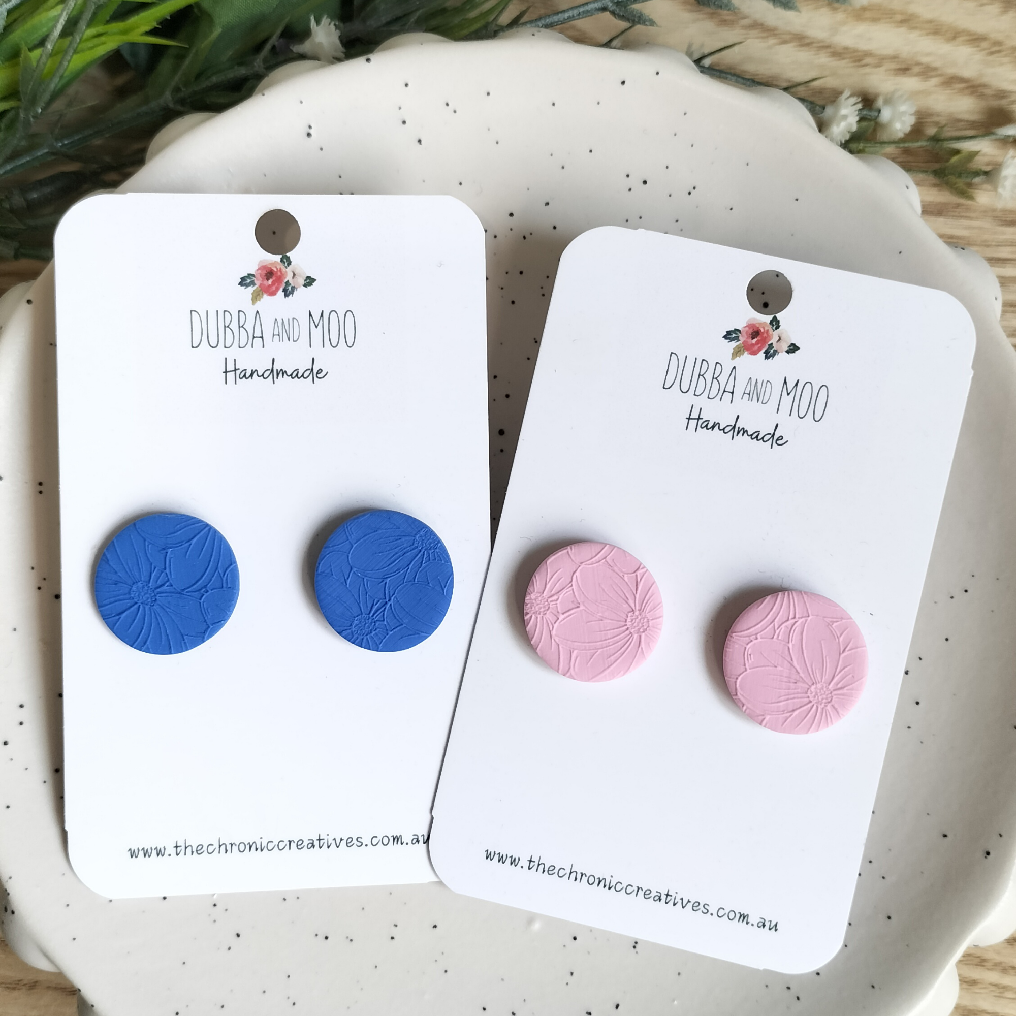 Floral Embossed Polymer Clay Stud Earrings - 19mm (Large) in 20 Colour Options