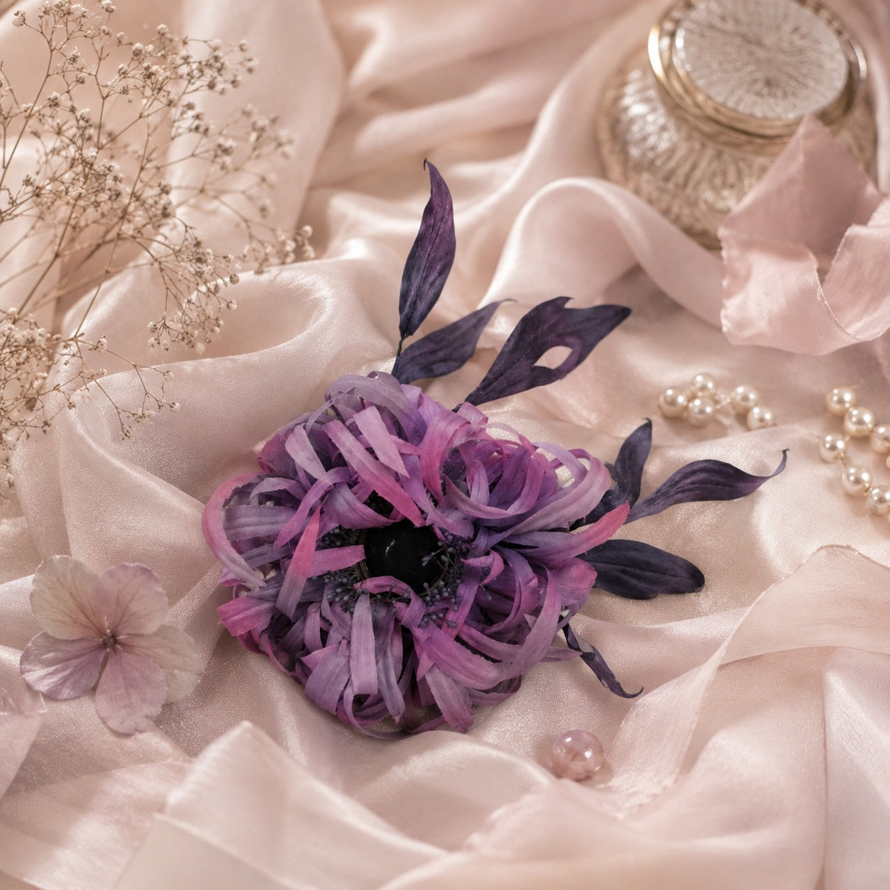 Handcrafted Silk  Chrysanthemum "Moonlight". Flower Brooch / Hair Clip / Headpiece