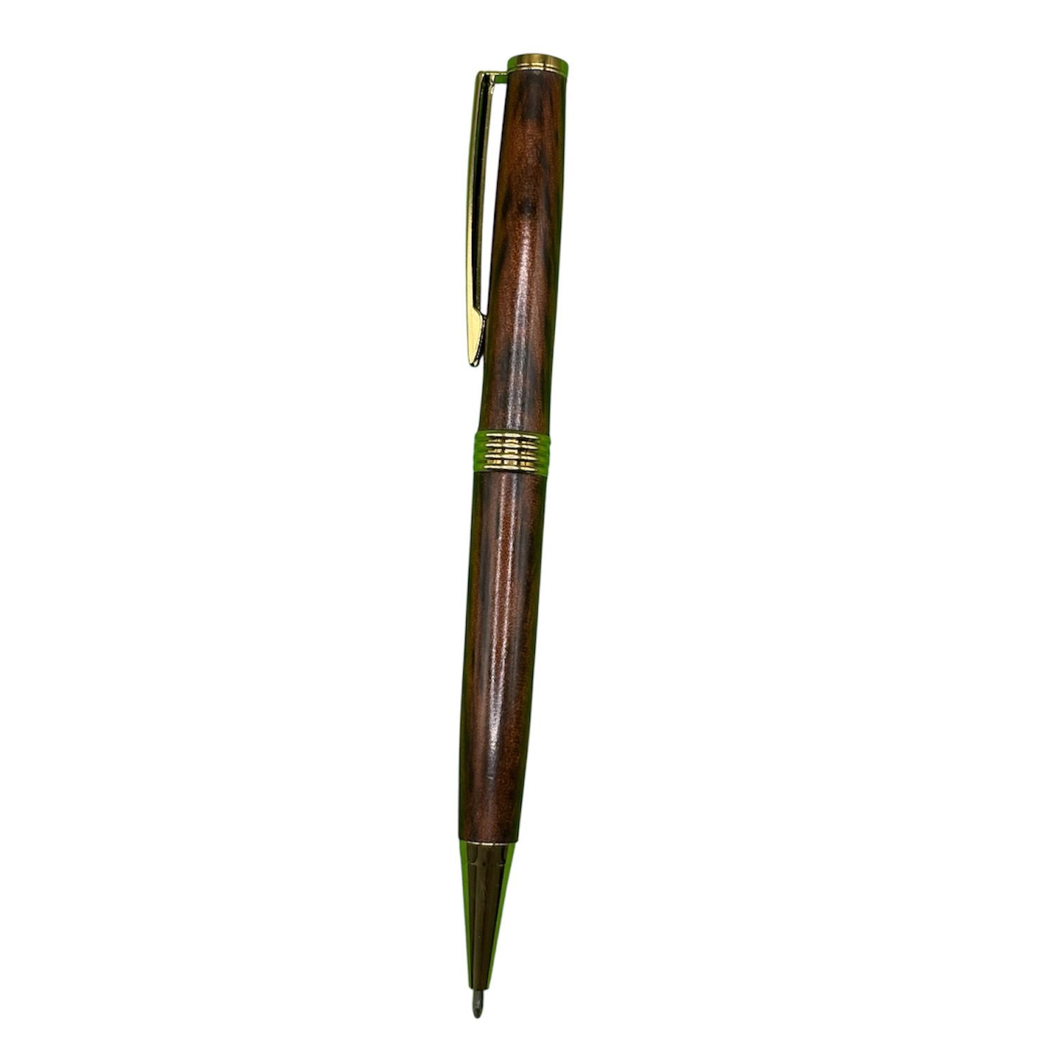 Broad Ballpoint Pen – Tiger Myrtle Timber – Gold Titanium Accents