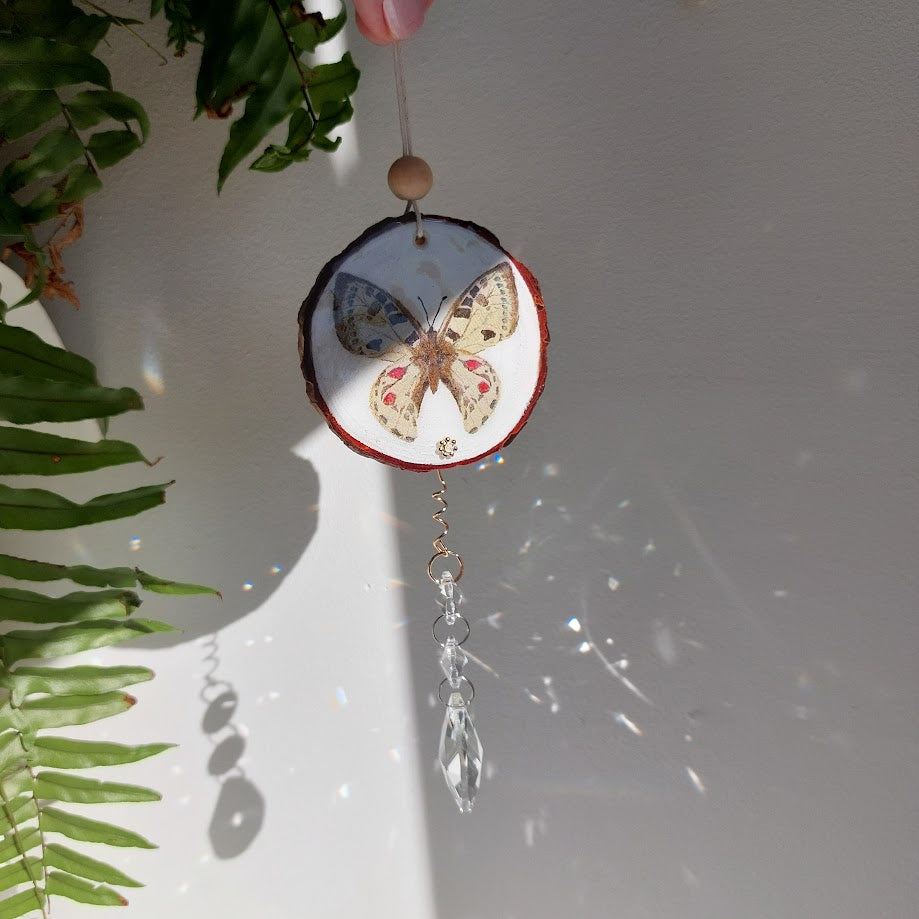 Crystal Suncatcher, Handmade Window Hanging, Butterfly Wood Art