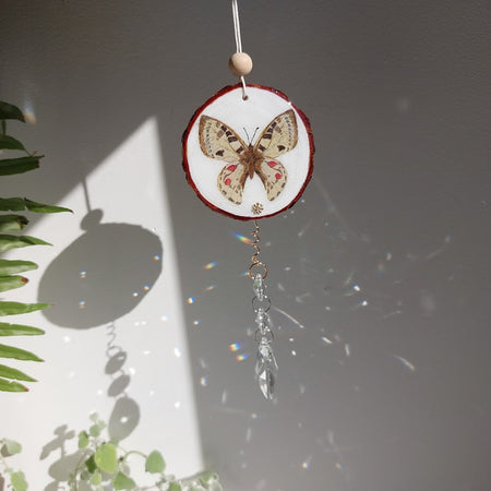 Crystal Suncatcher, Handmade Window Hanging, Butterfly Wood Art