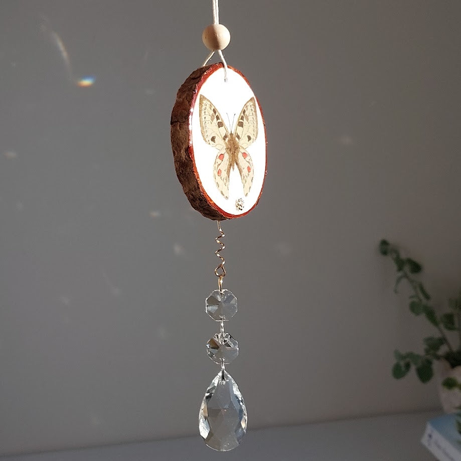 Crystal Suncatcher, Handmade Window Hanging, Butterfly Wood Art