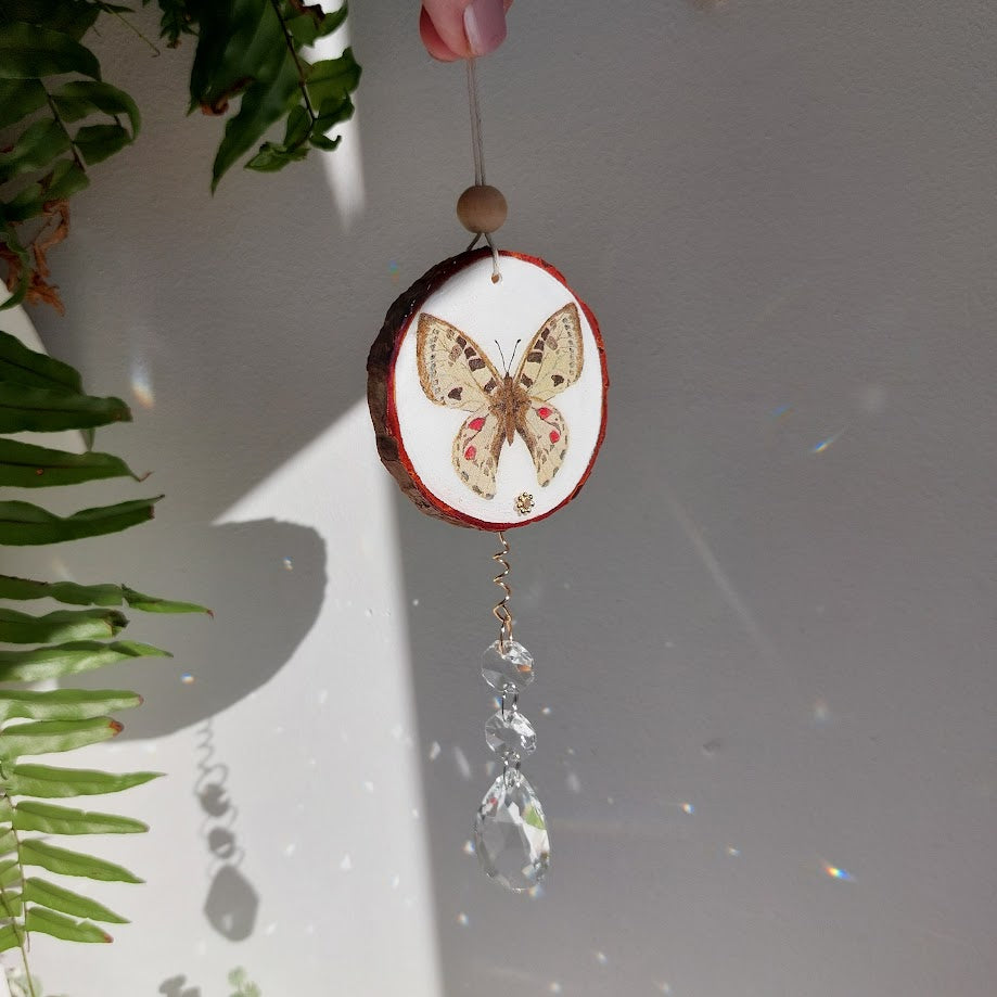 Crystal Suncatcher, Handmade Window Hanging, Butterfly Wood Art