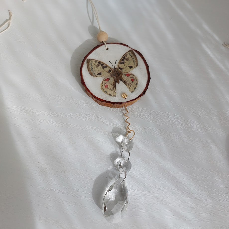 Crystal Suncatcher, Handmade Window Hanging, Butterfly Wood Art