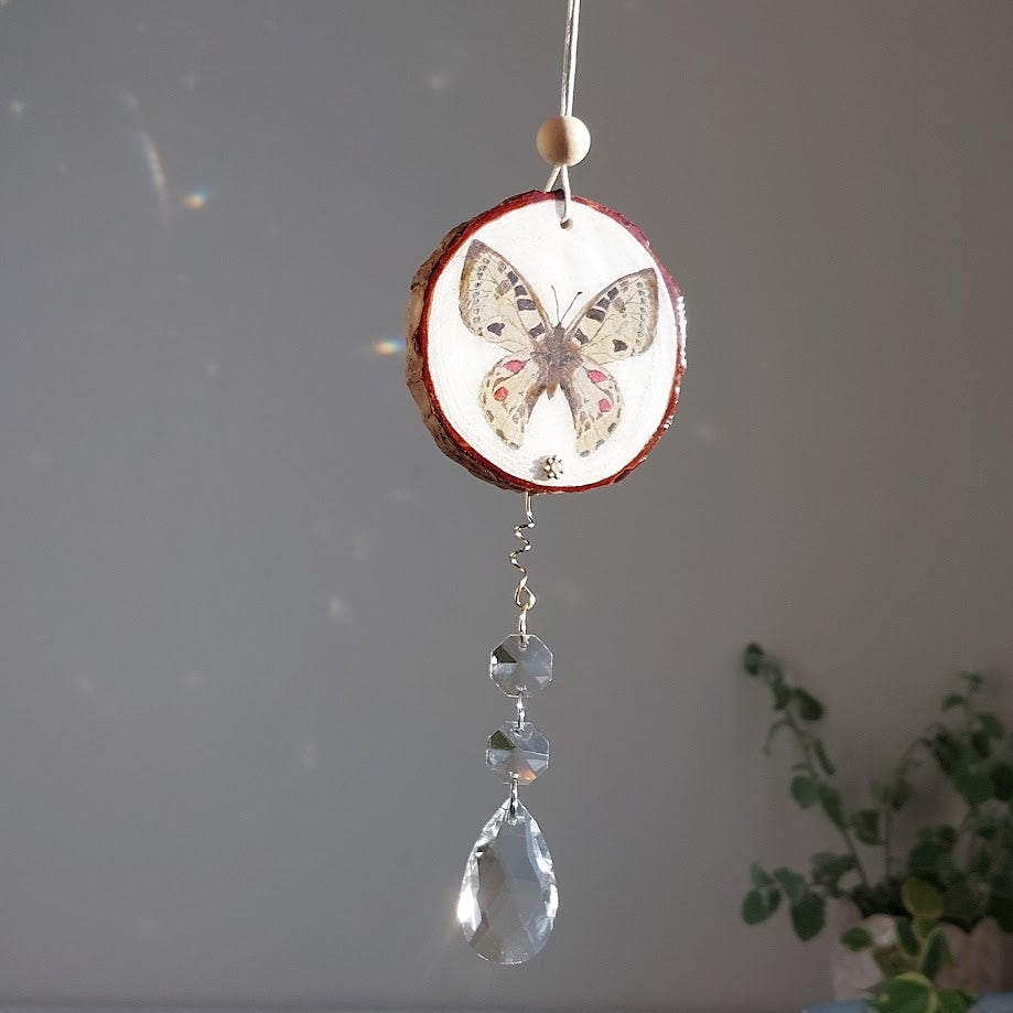 Crystal Suncatcher, Handmade Window Hanging, Butterfly Wood Art