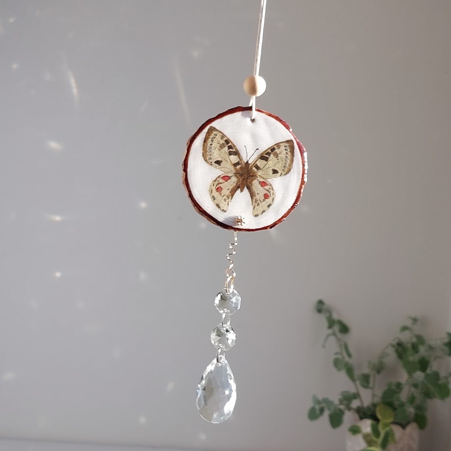 Crystal Suncatcher, Handmade Window Hanging, Butterfly Wood Art