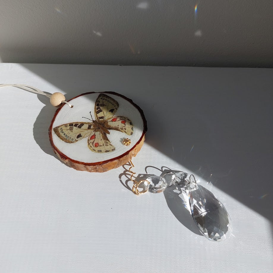 Crystal Suncatcher, Handmade Window Hanging, Butterfly Wood Art