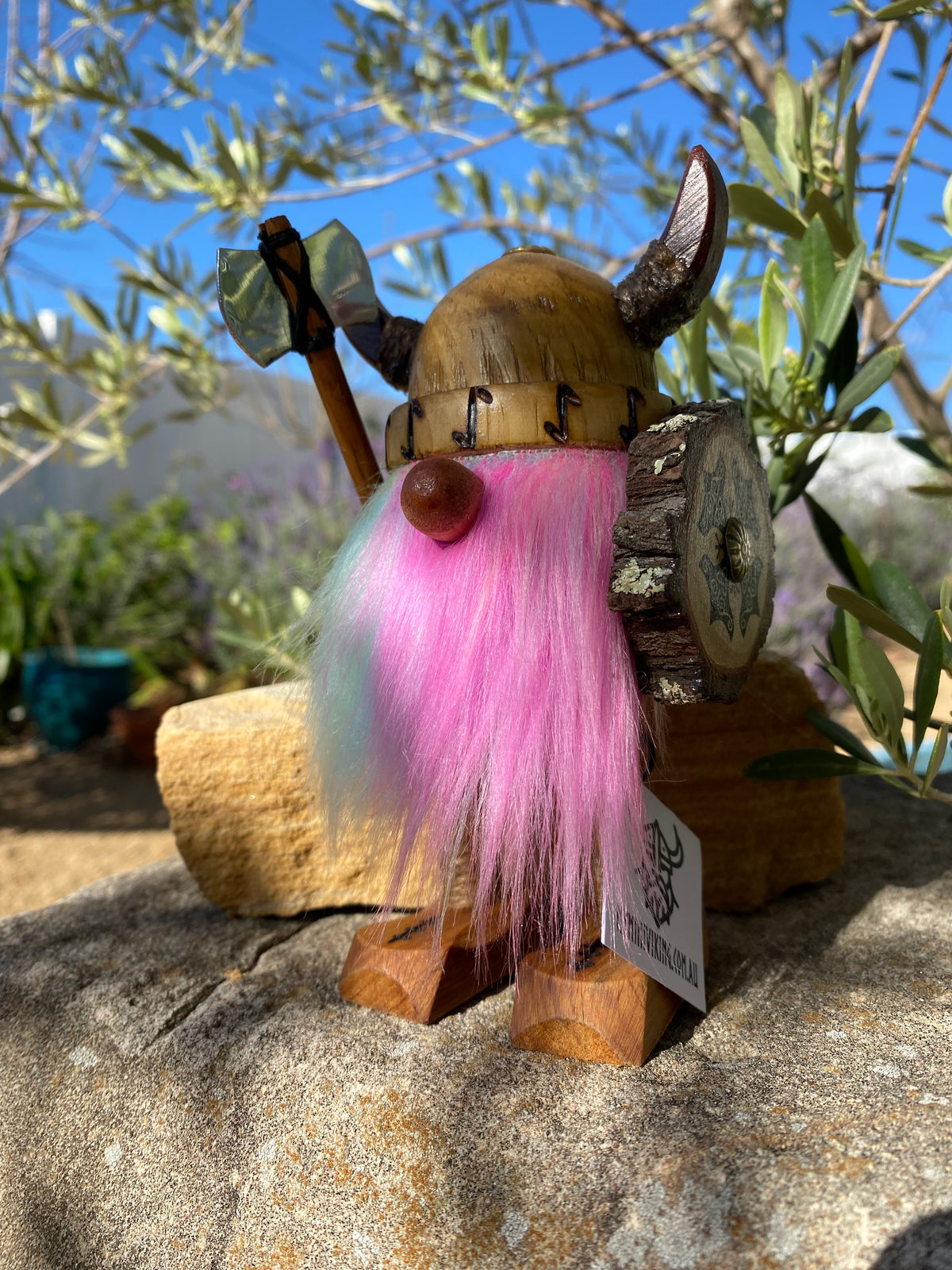 Handmade Wooden Viking Figure with Rainbow Beard – Recycled Australian Timber Decor