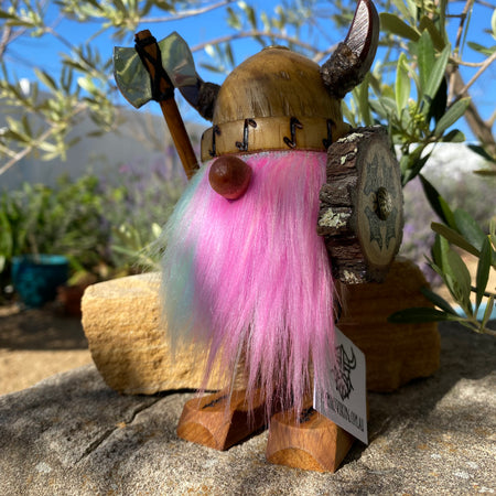 Handmade Wooden Viking Figure with Rainbow Beard – Recycled Australian Timber Decor