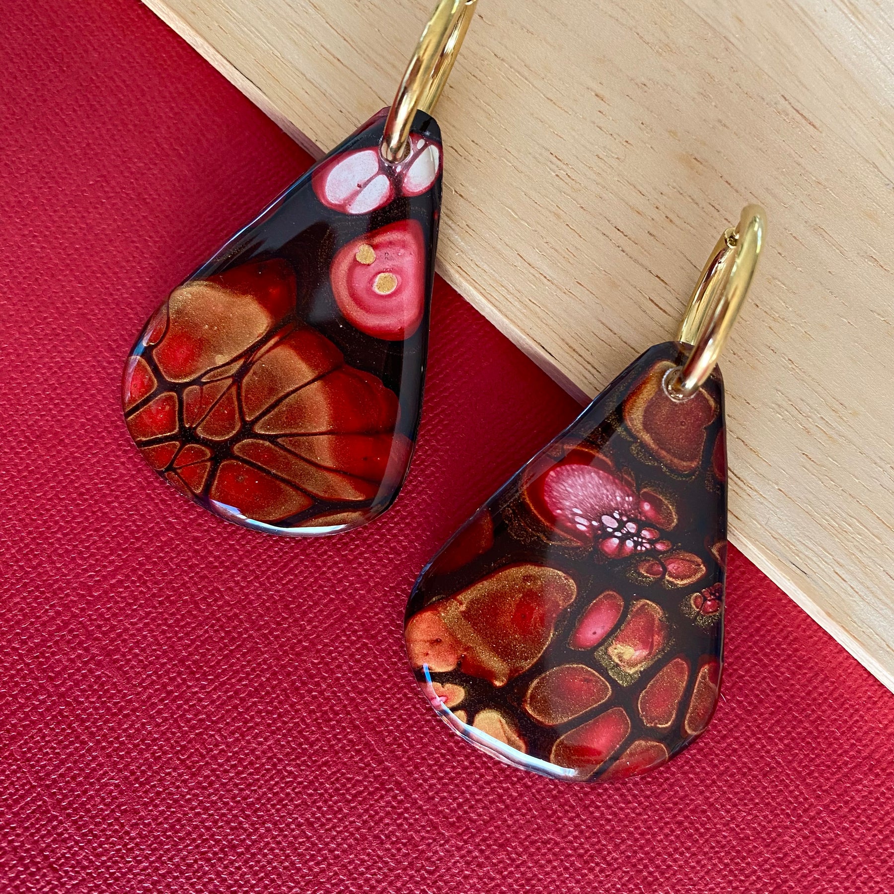 Burgundy and Gold Original Abstract Art Earrings