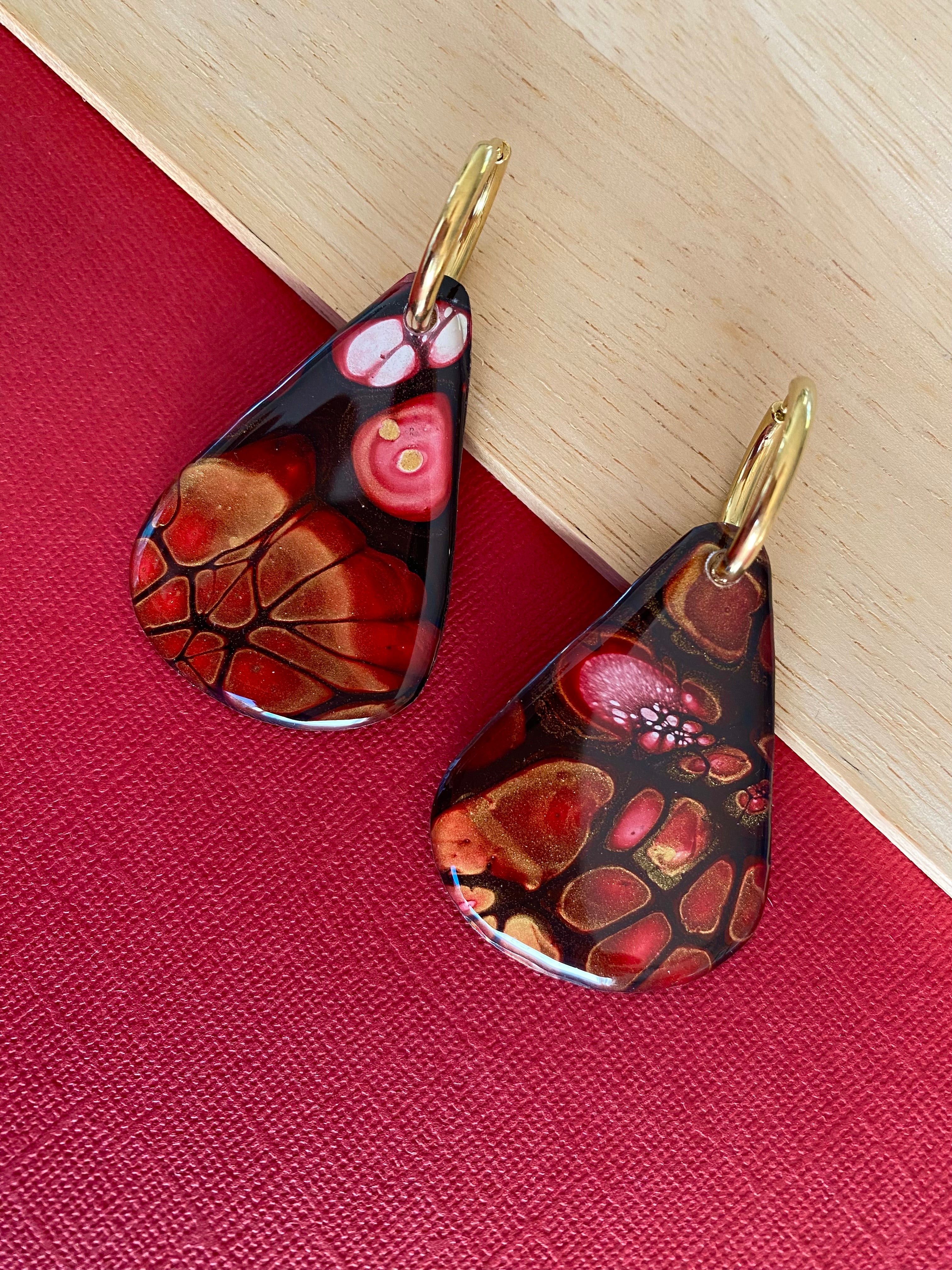 Burgundy and Gold Original Abstract Art Earrings