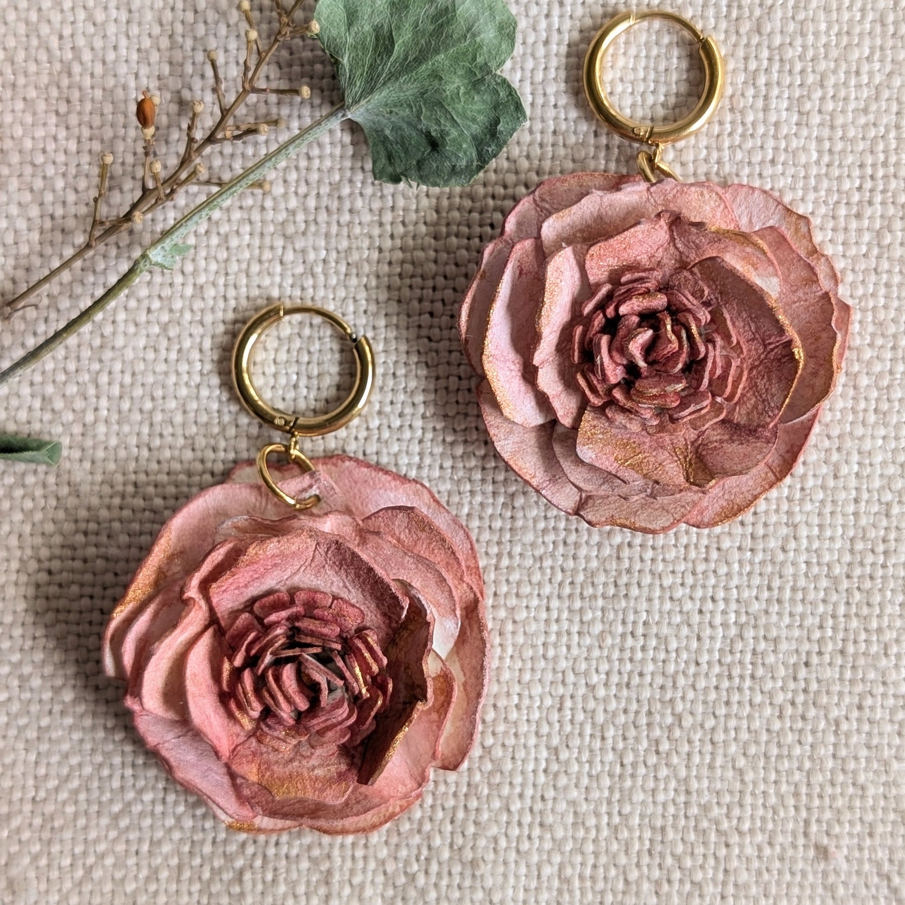 Rose Statement Earrings | Handmade Paper Floral Earrings | Huggie Hoop Earrings
