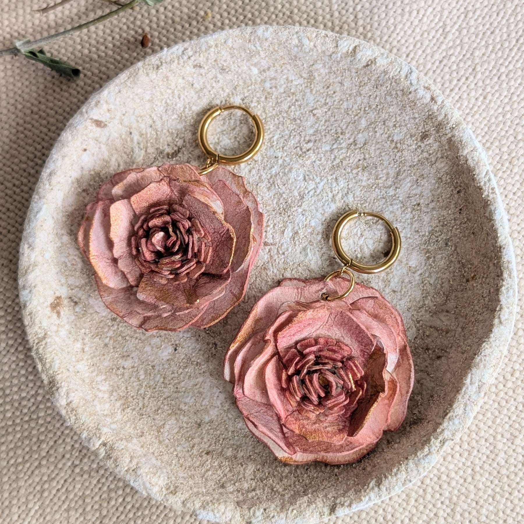 Rose Statement Earrings | Handmade Paper Floral Earrings | Huggie Hoop Earrings
