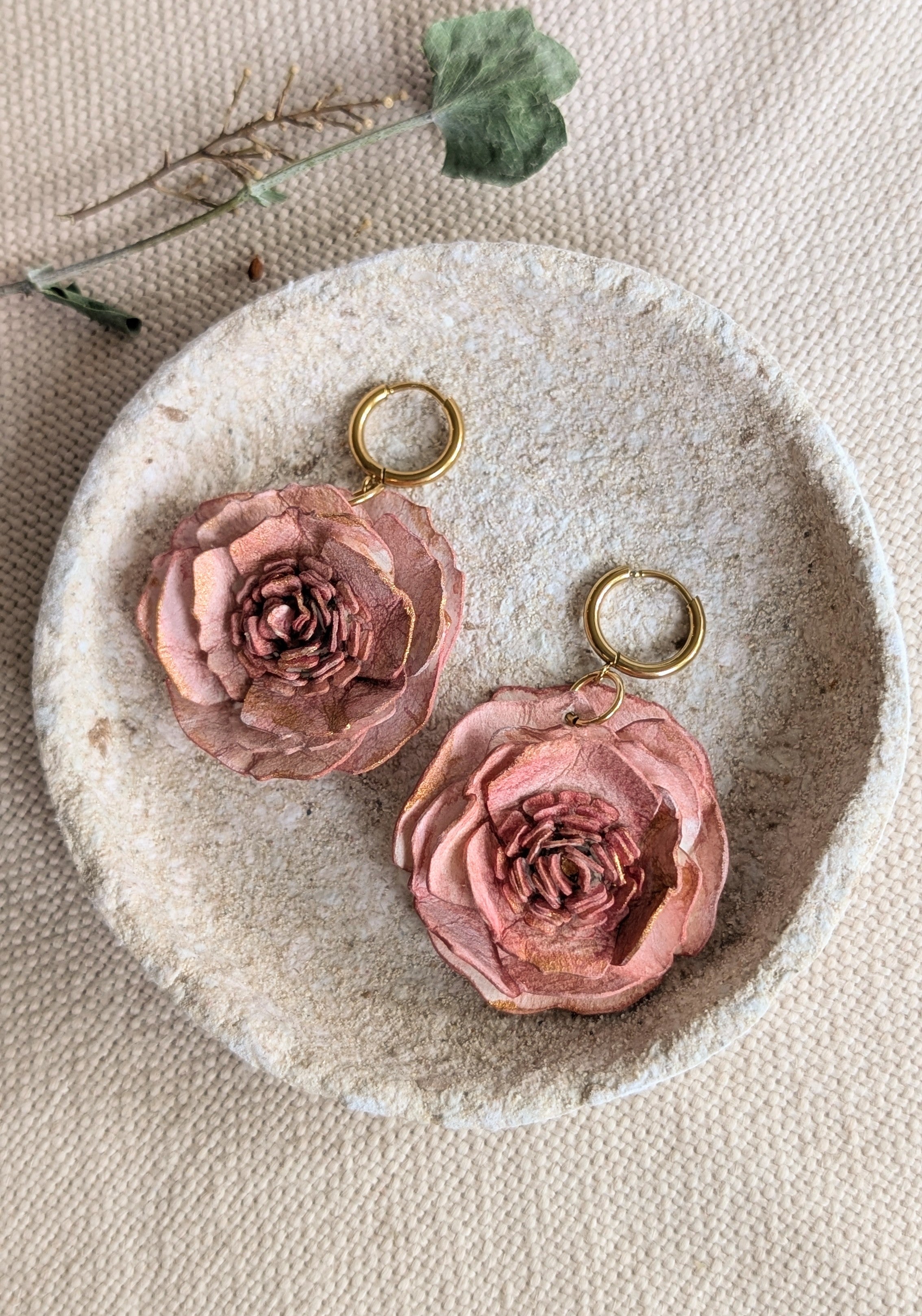 Rose Statement Earrings | Handmade Paper Floral Earrings | Huggie Hoop Earrings