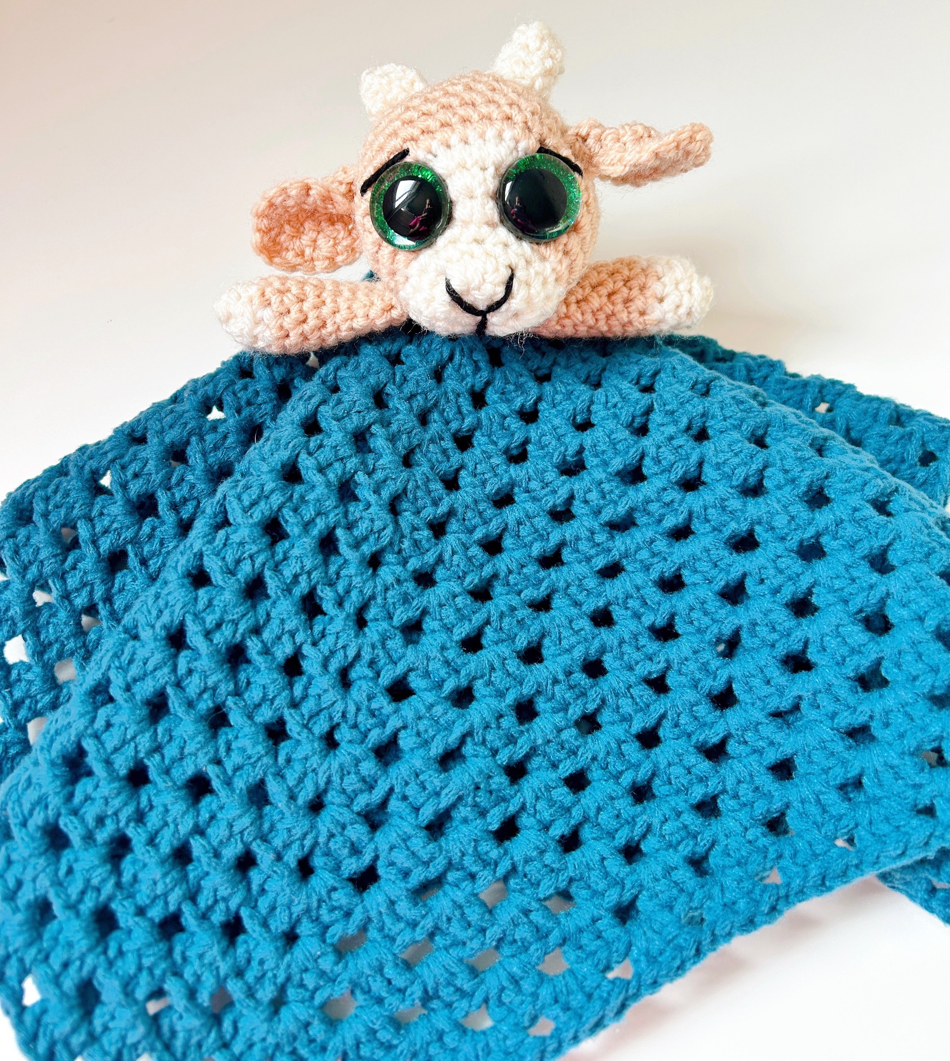 Handmade Crochet Goat Comforter, Baby Security Blanket, Soft Goat Lovey, Baby Shower Gift
