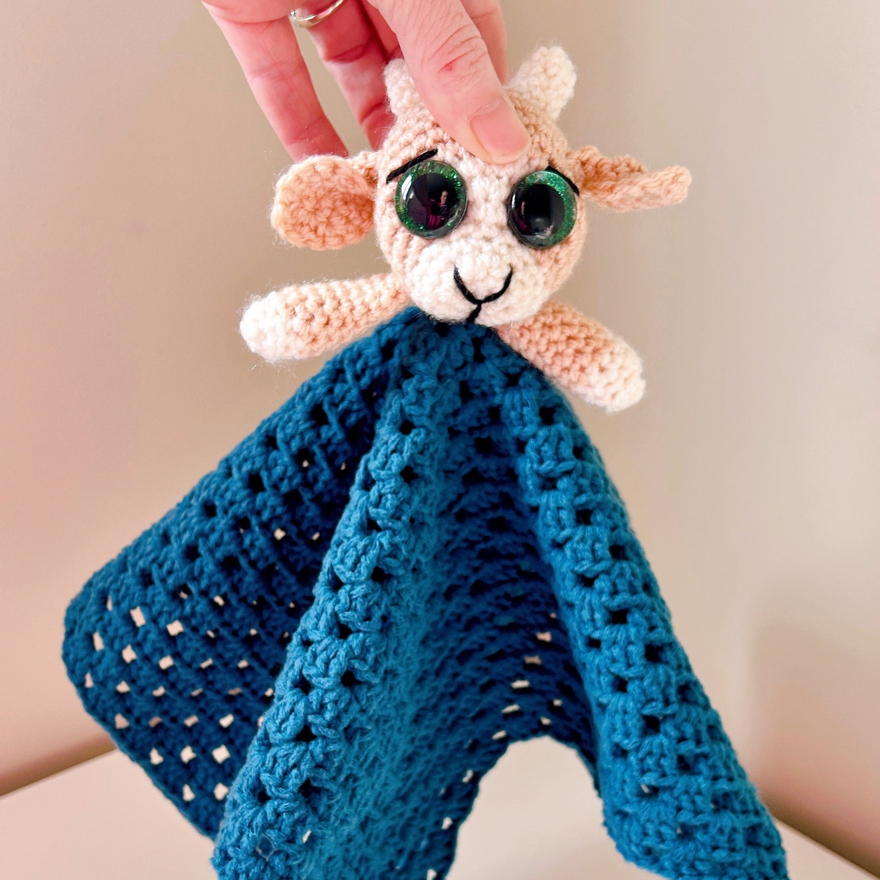 Handmade Crochet Goat Comforter, Baby Security Blanket, Soft Goat Lovey, Baby Shower Gift