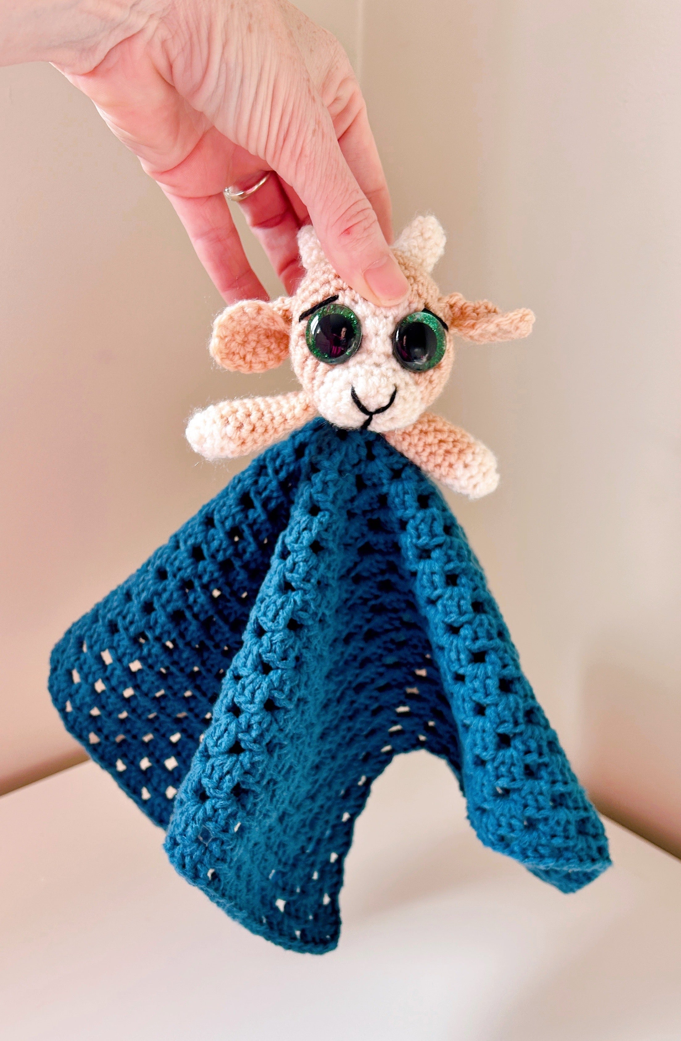 Handmade Crochet Goat Comforter, Baby Security Blanket, Soft Goat Lovey, Baby Shower Gift