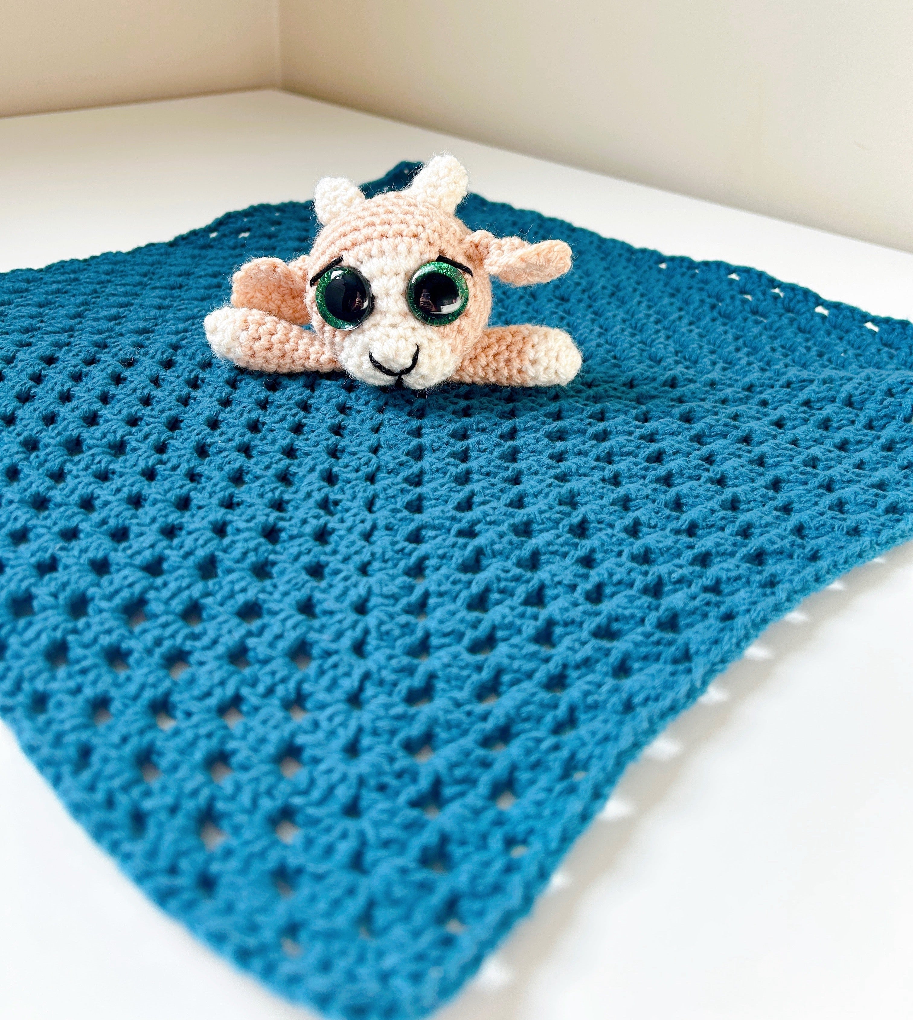 Handmade Crochet Goat Comforter, Baby Security Blanket, Soft Goat Lovey, Baby Shower Gift