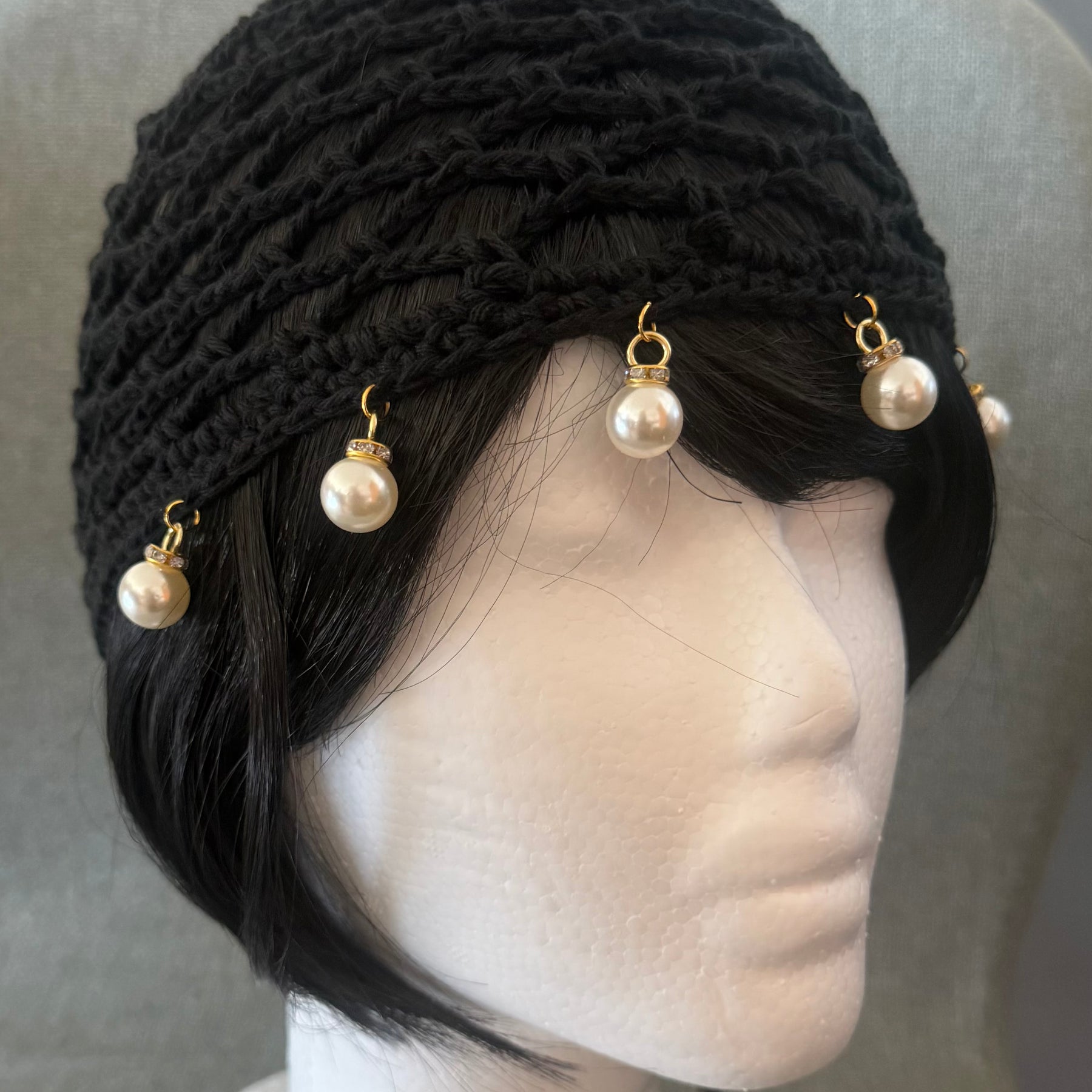 Black Cotton Crochet Hat with Pearl Charms
