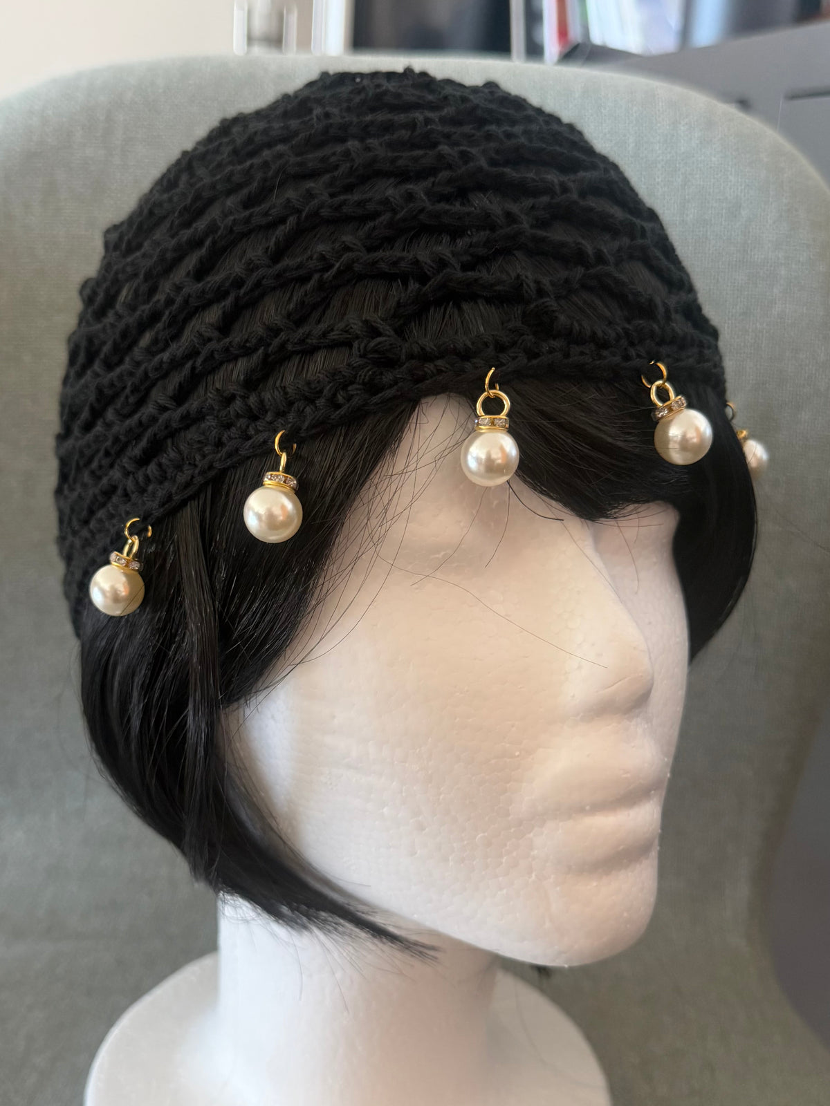 Black Cotton Crochet Hat with Pearl Charms