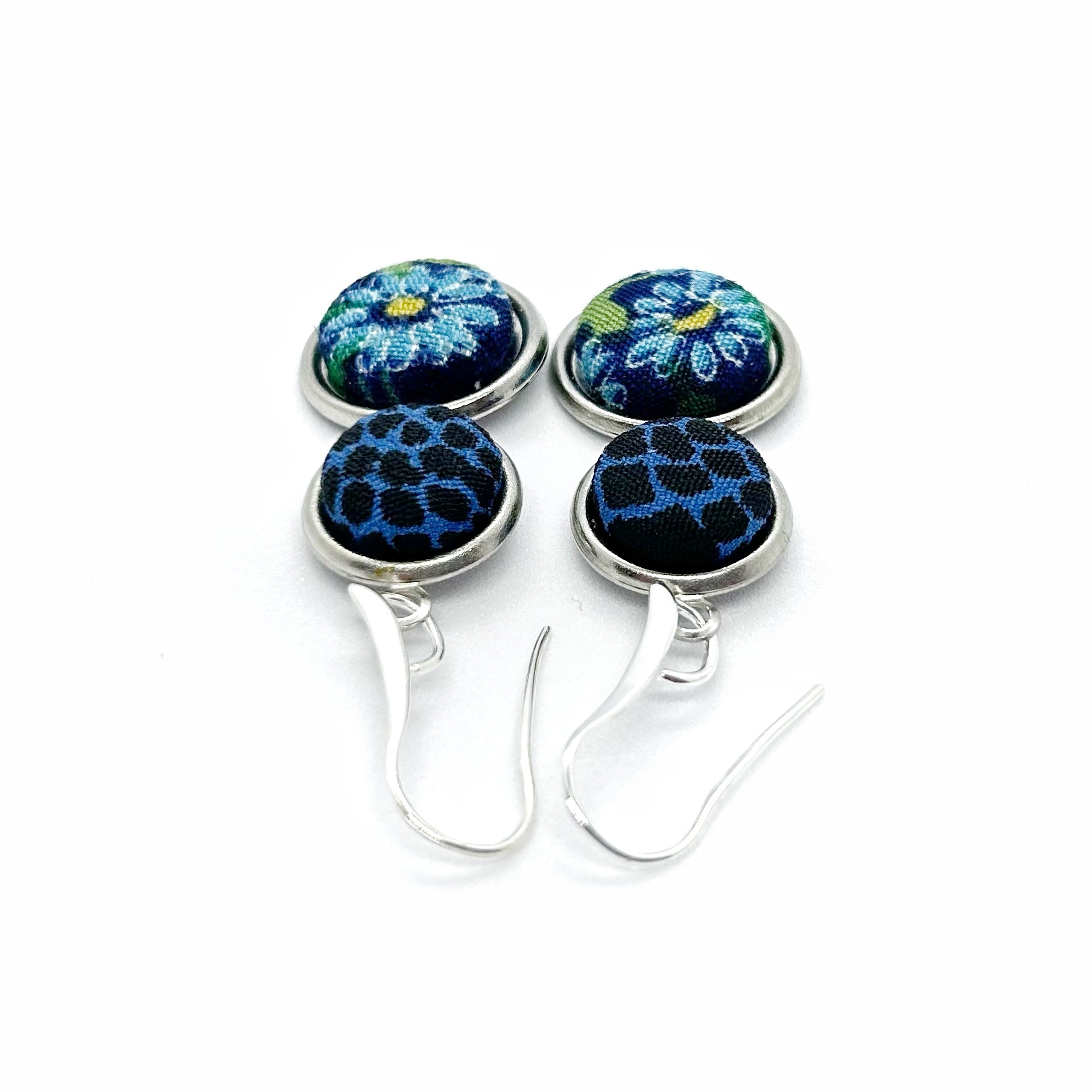Double Drop Kimono Fabric Button Earrings - Blues