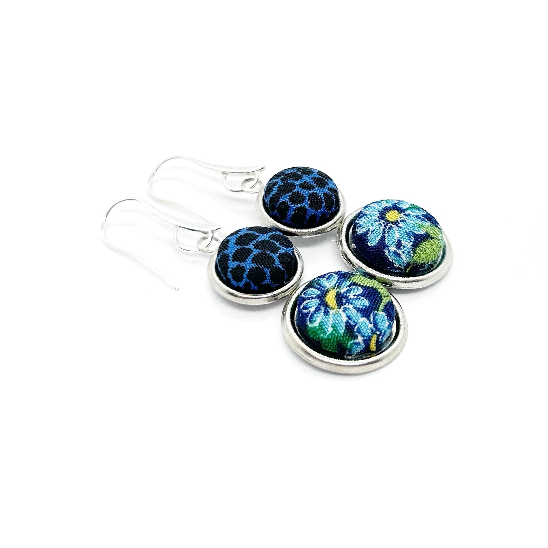 Double Drop Kimono Fabric Button Earrings - Blues