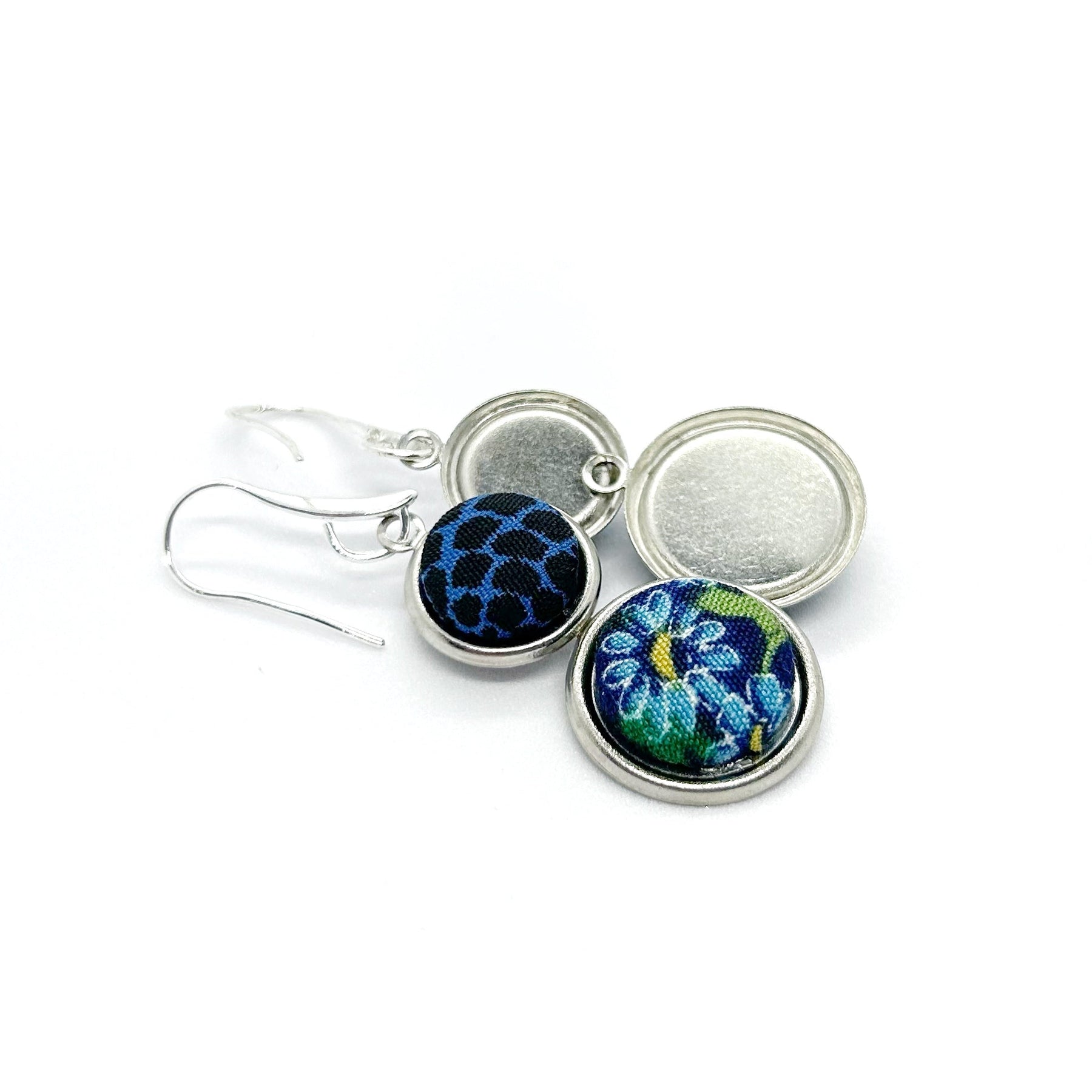 Double Drop Kimono Fabric Button Earrings - Blues
