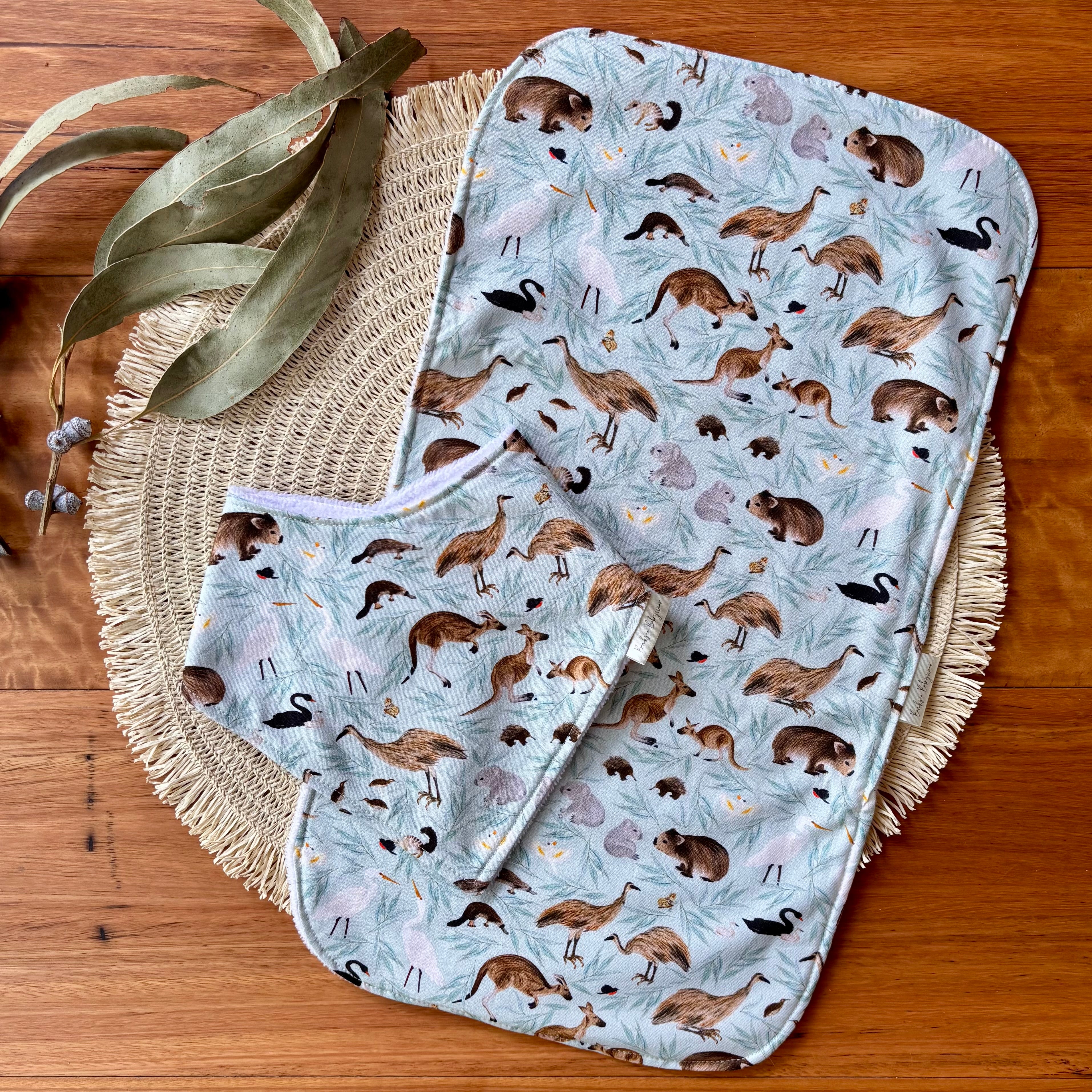 Baby Bib and Burp Cloth Set - Leafy Aussie Animals