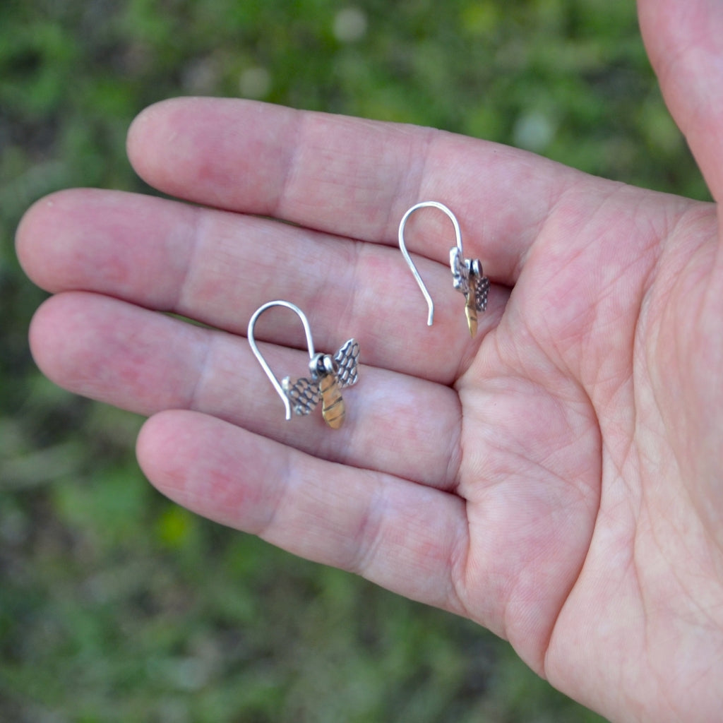Brass and Silver Bee Dangle Earrings