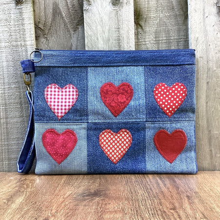 Large Upcycled Denim Pouch – Red Hearts #2