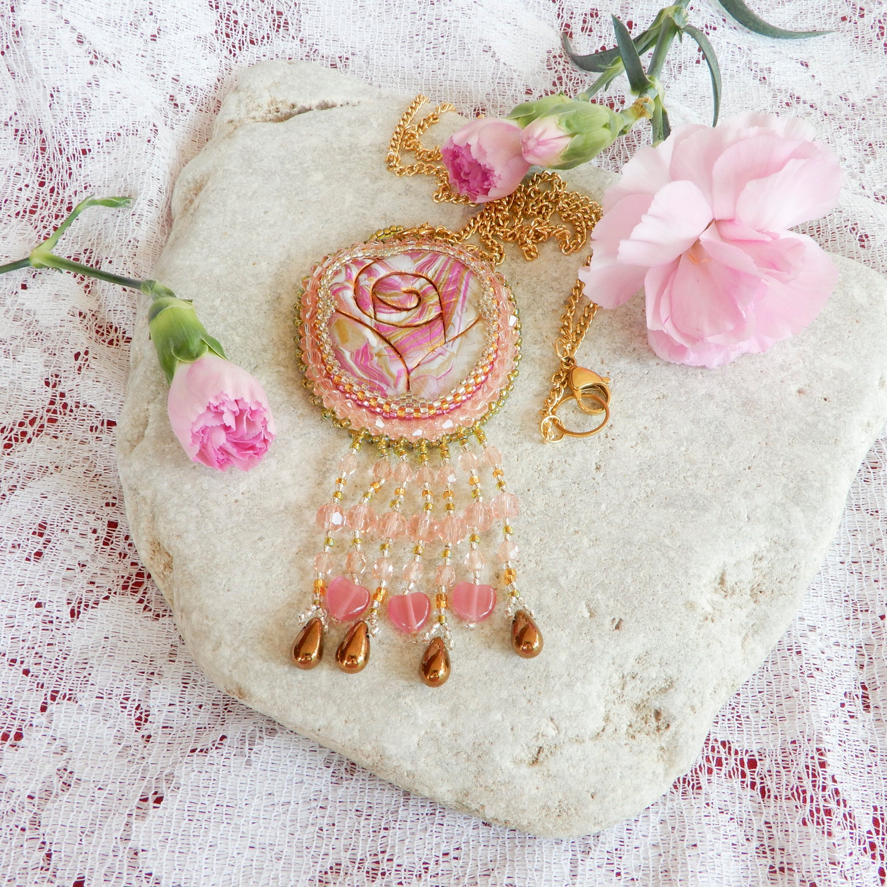 Bead Embroidered Polymer Clay Rose Pendant