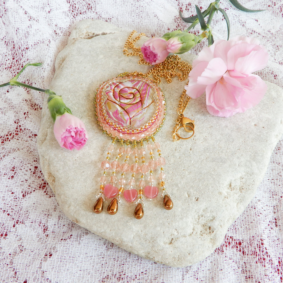 Bead Embroidered Polymer Clay Rose Pendant