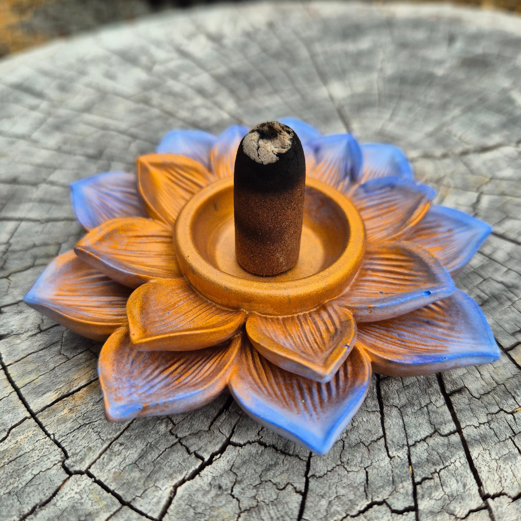 Pale blue and rose gold concrete lotus incense cone holder