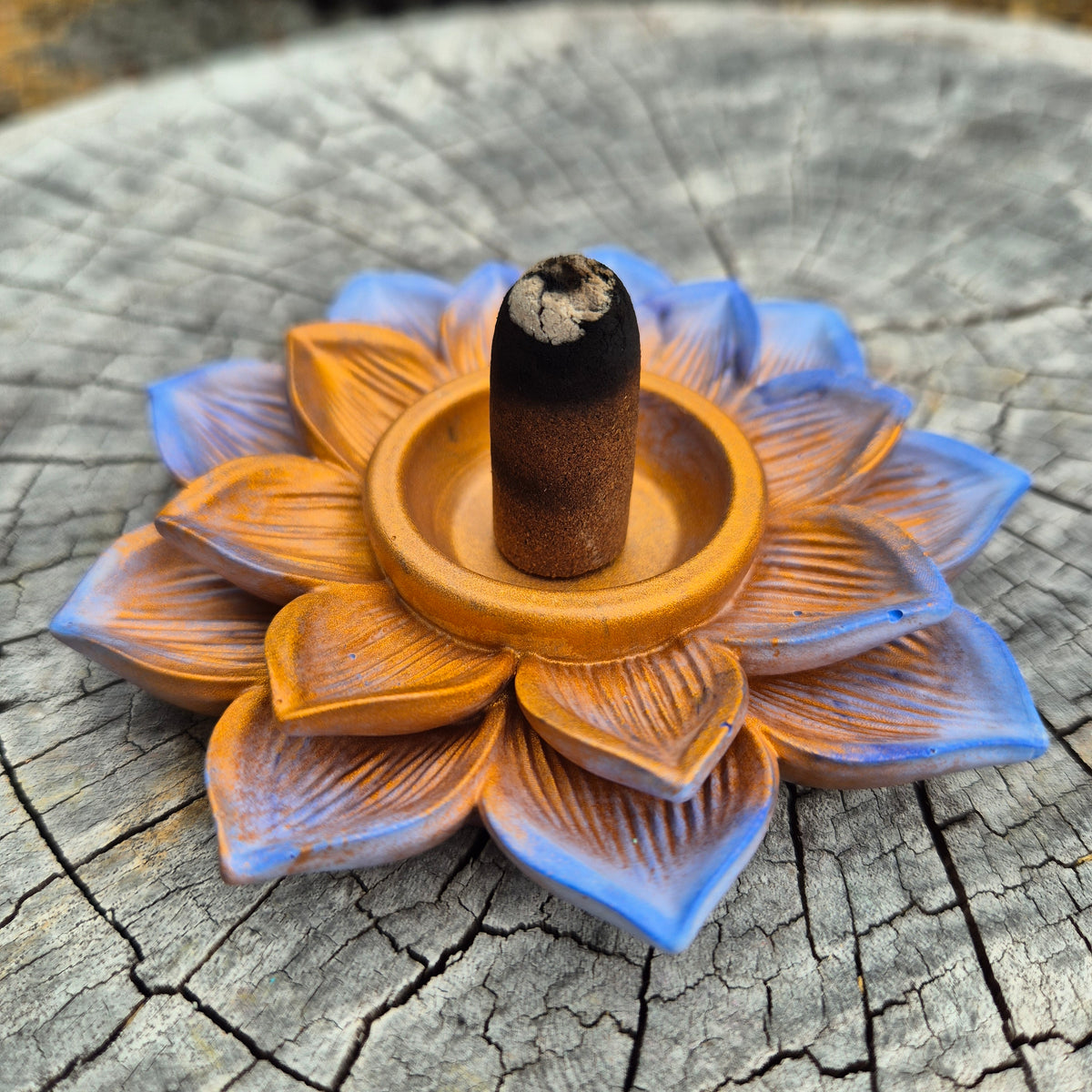 Pale blue and rose gold concrete lotus incense cone holder