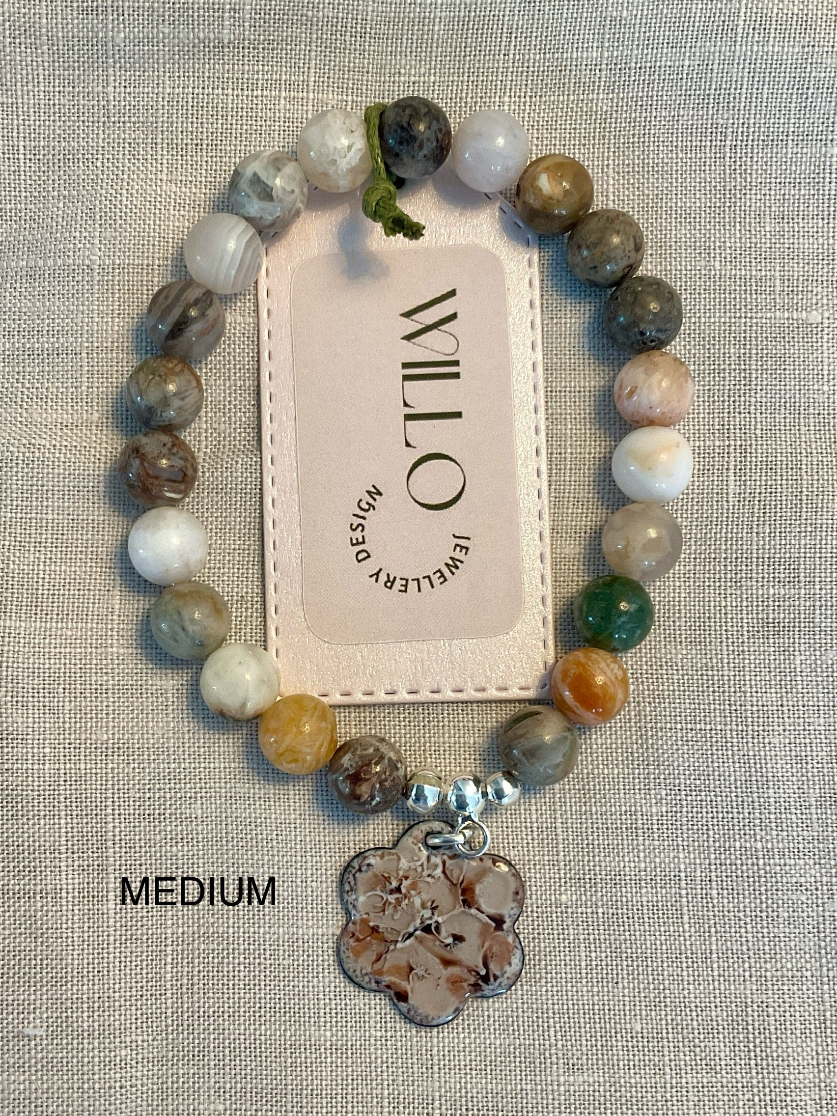 Bamboo Agate gemstone bracelet with enamel charm