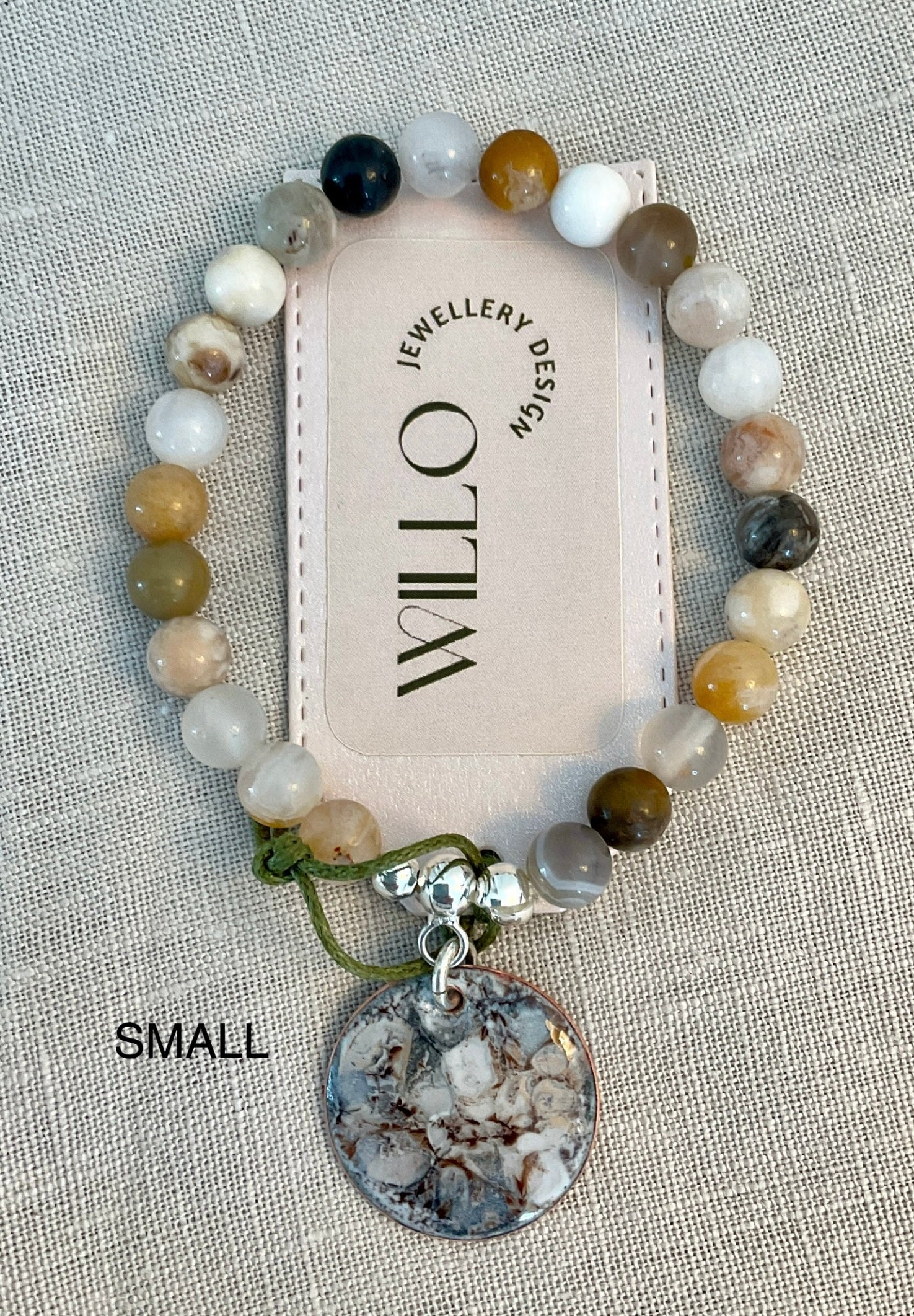 Bamboo Agate gemstone bracelet with enamel charm