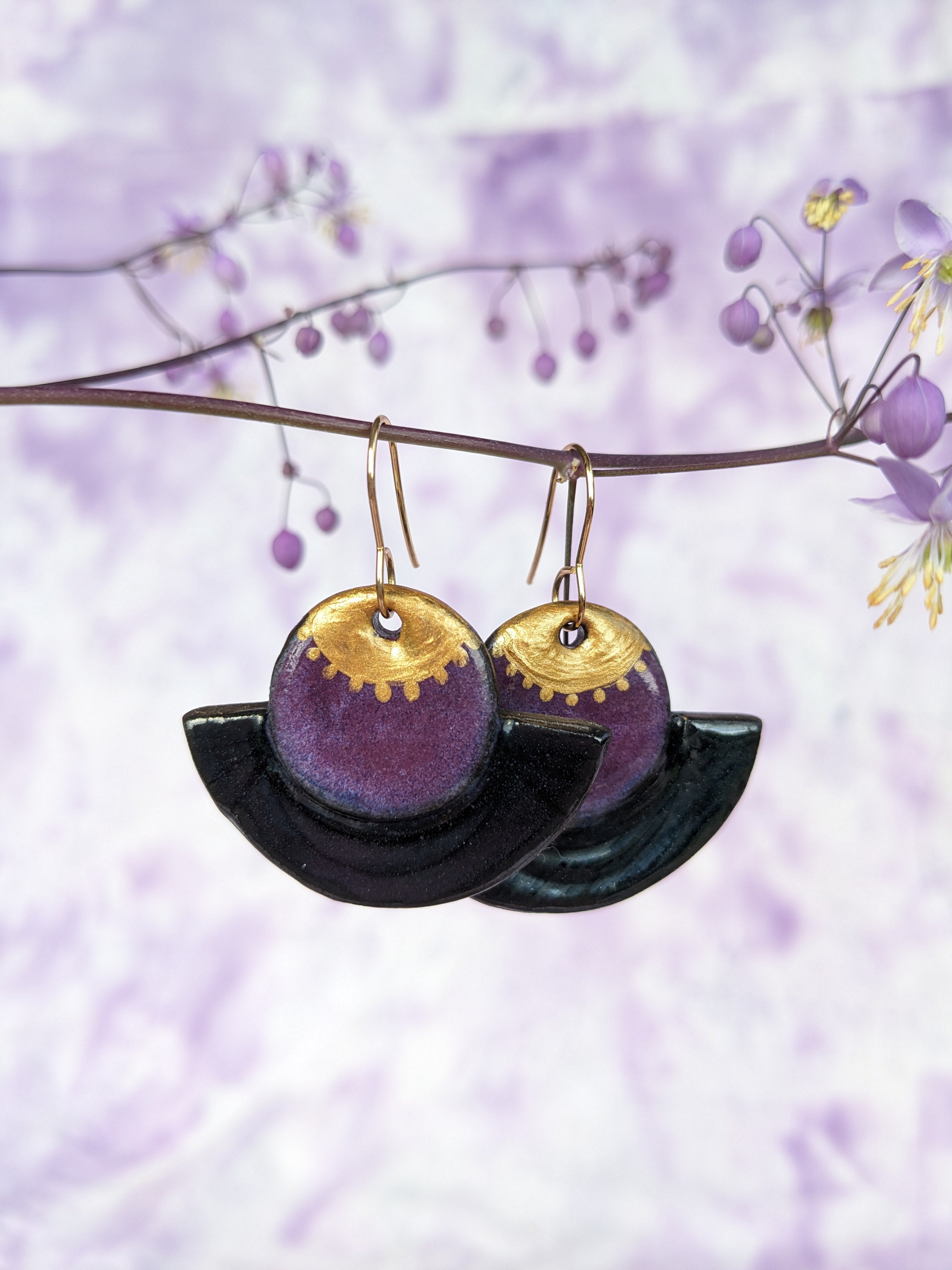 Black, Gold and Purple lightweight ceramic earrings.