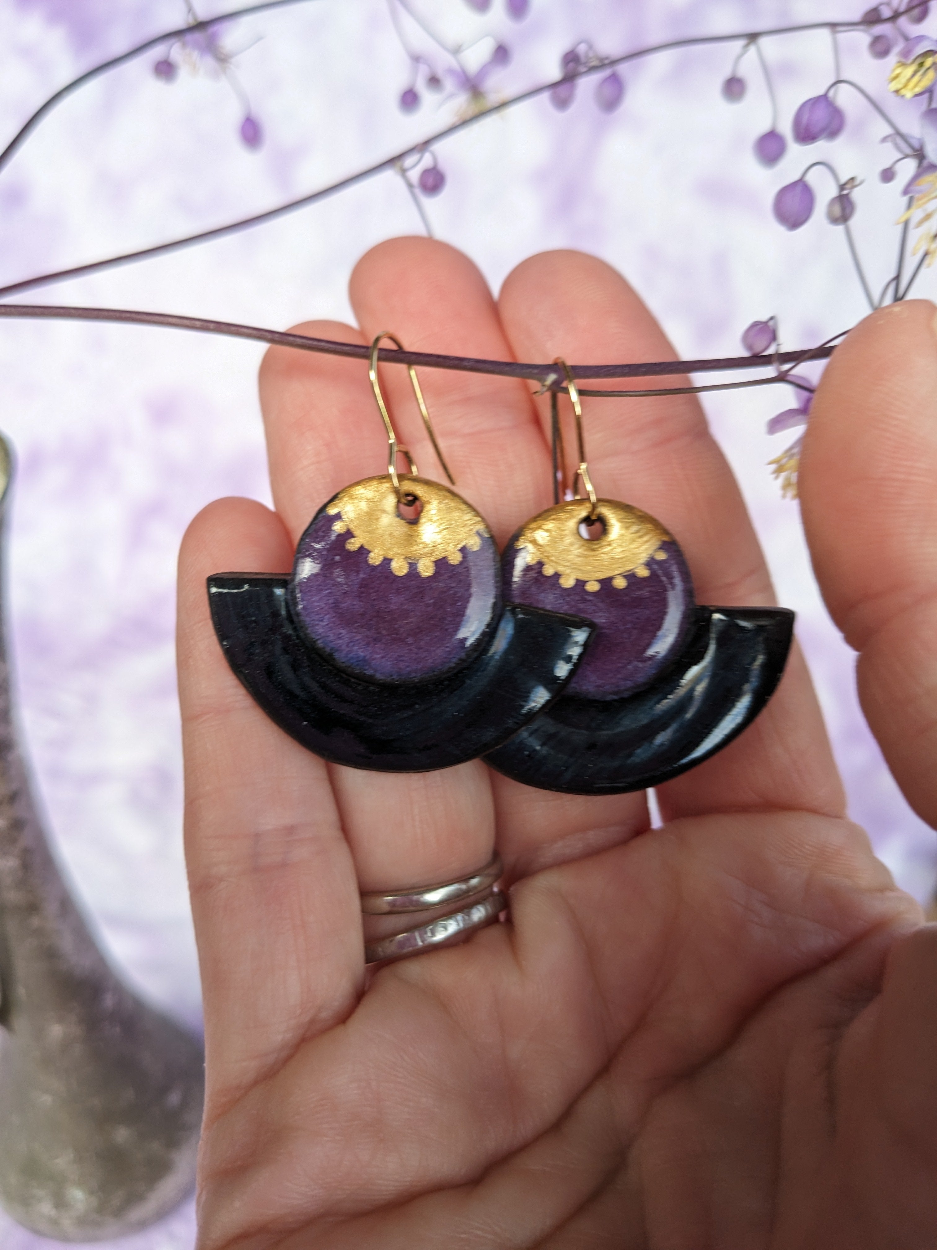 Black, Gold and Purple lightweight ceramic earrings.