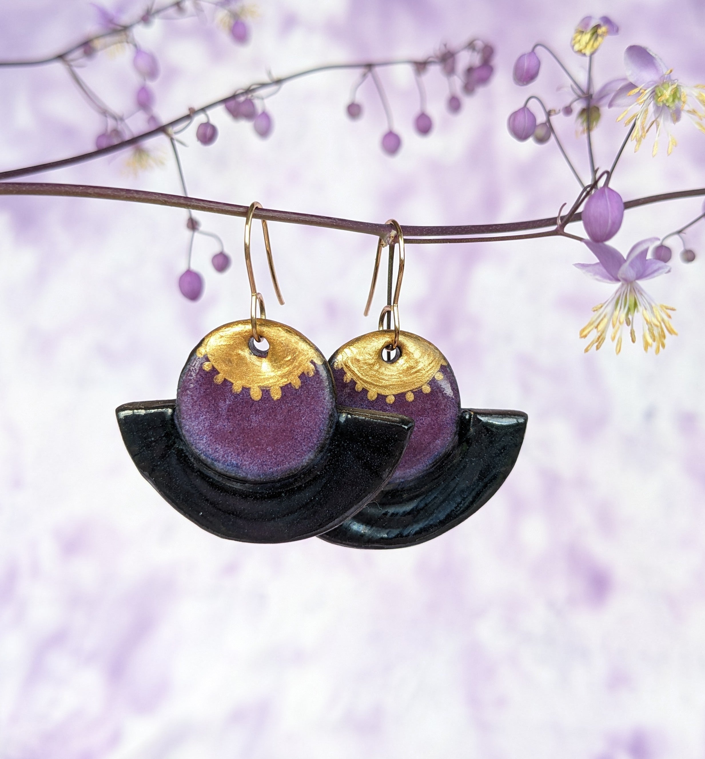 Black, Gold and Purple lightweight ceramic earrings.