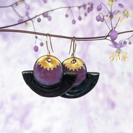 Black, Gold and Purple lightweight ceramic earrings.