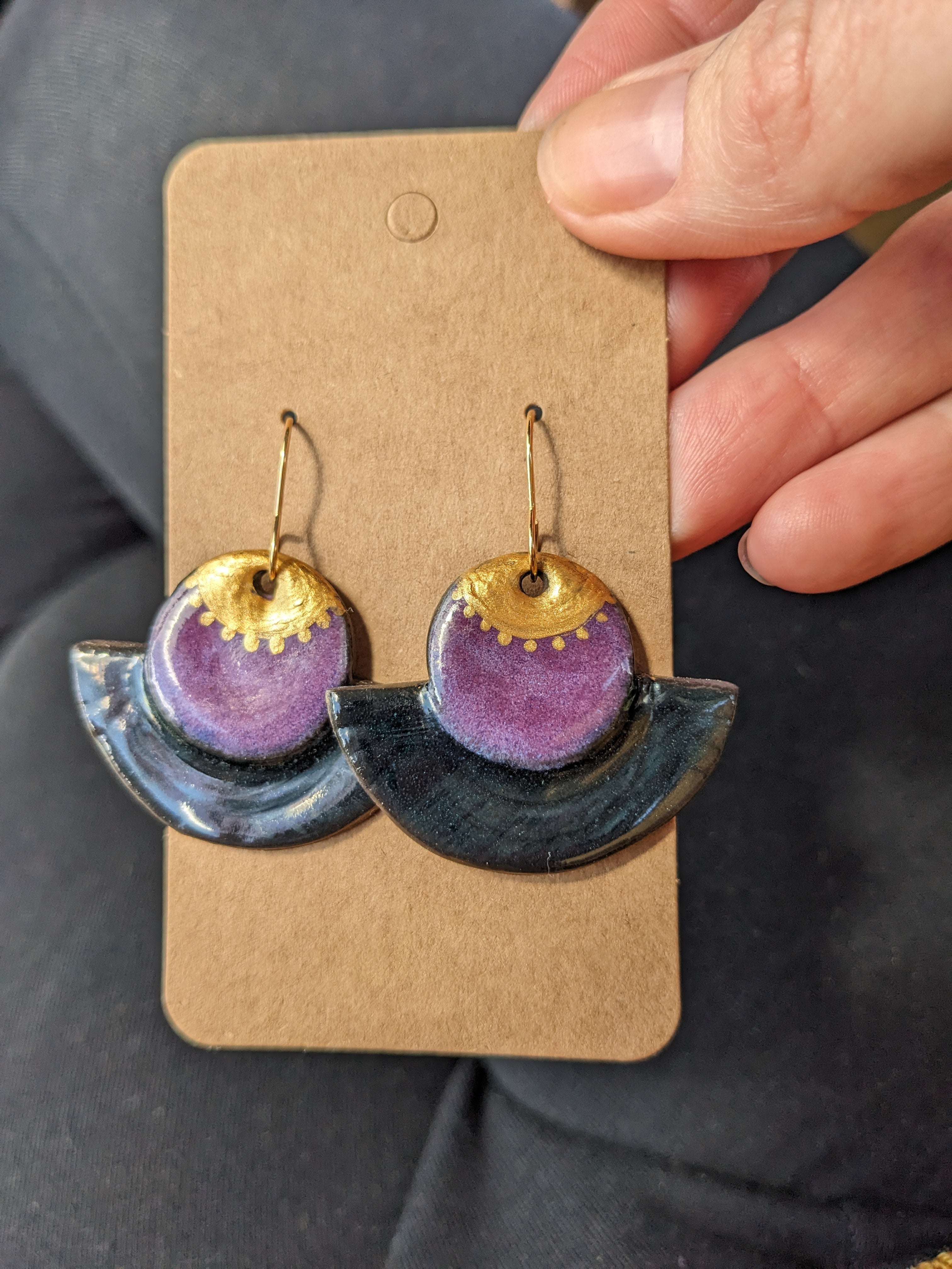 Black, Gold and Purple lightweight ceramic earrings.