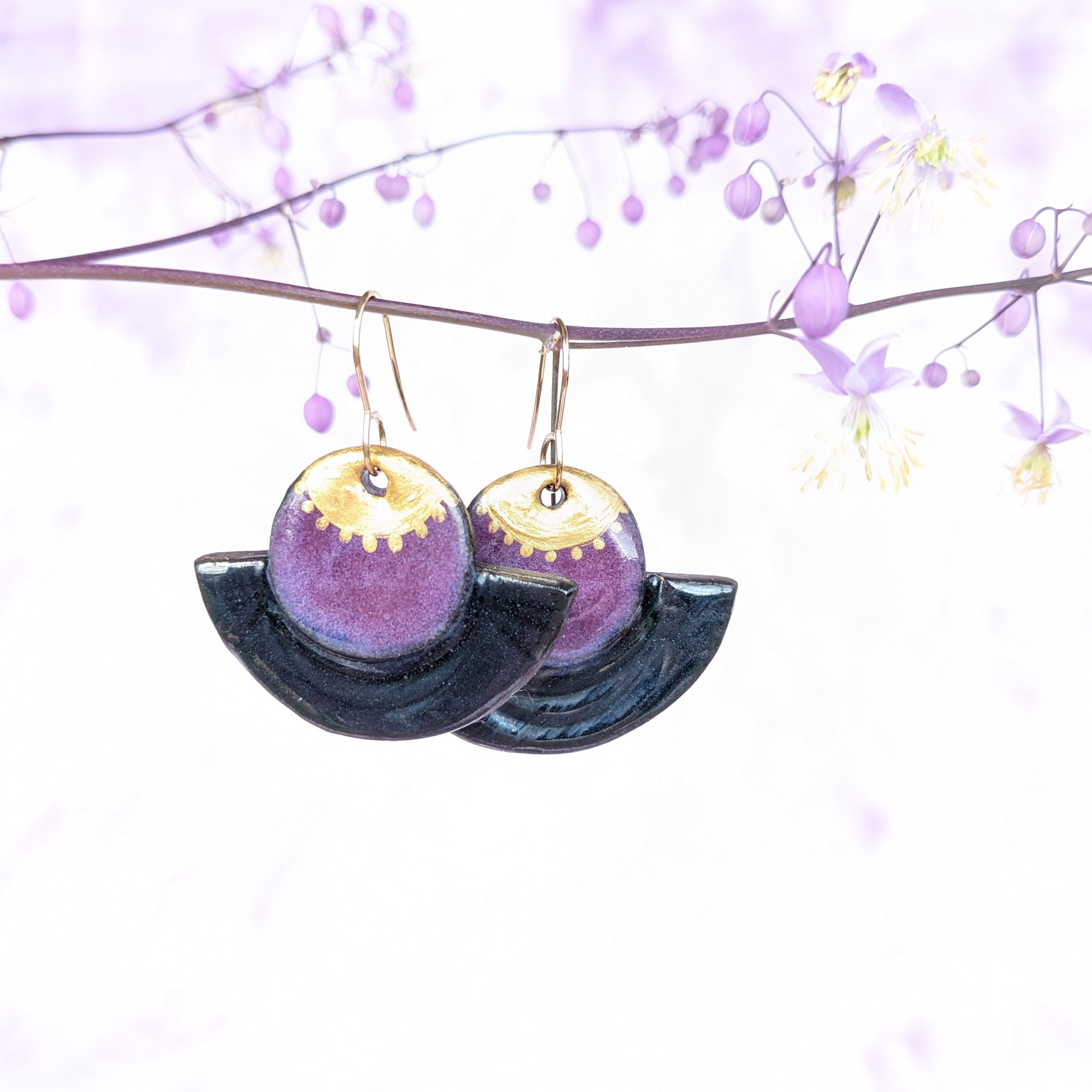 Black, Gold and Purple lightweight ceramic earrings.