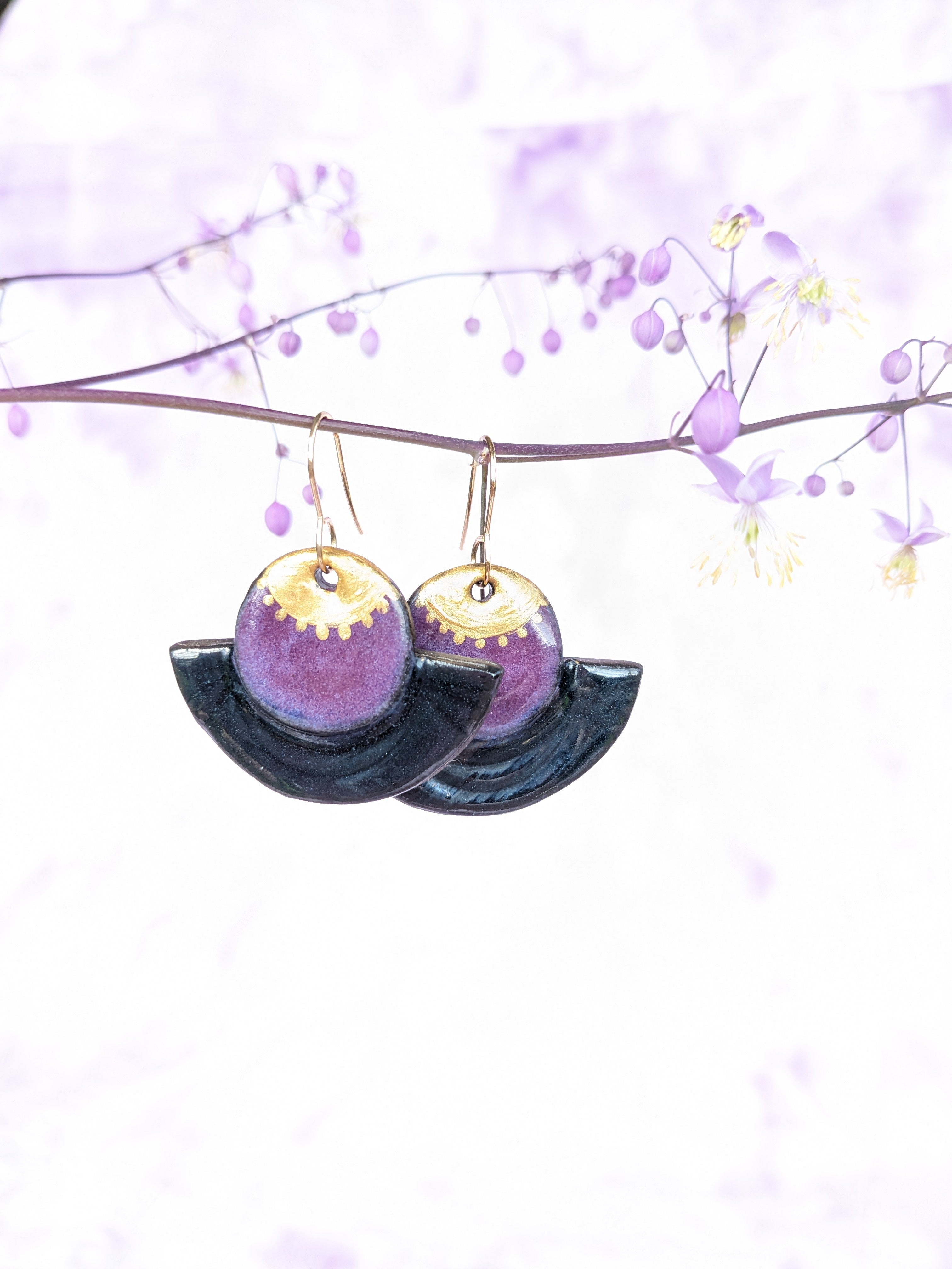 Black, Gold and Purple lightweight ceramic earrings.