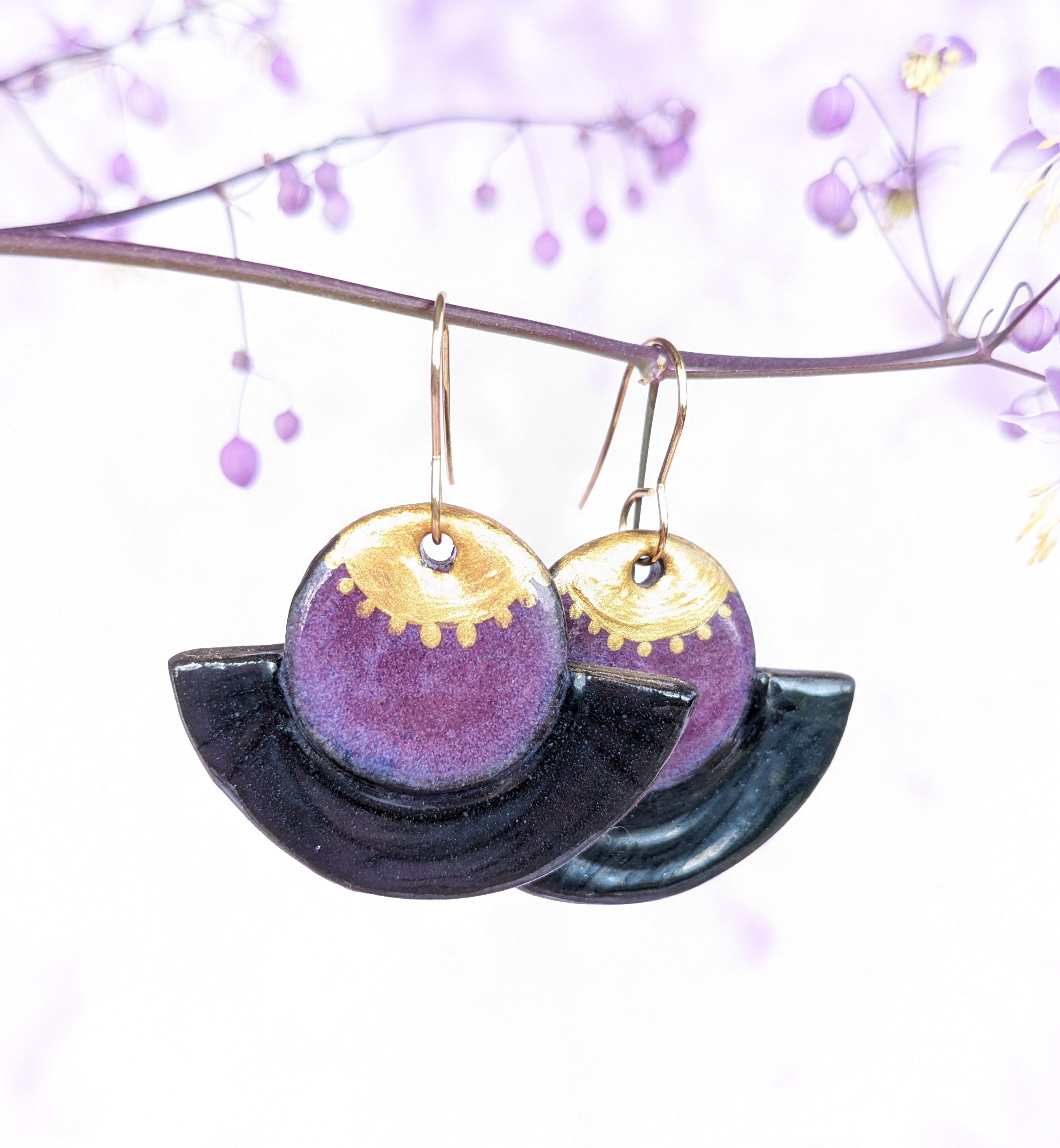 Black, Gold and Purple lightweight ceramic earrings.