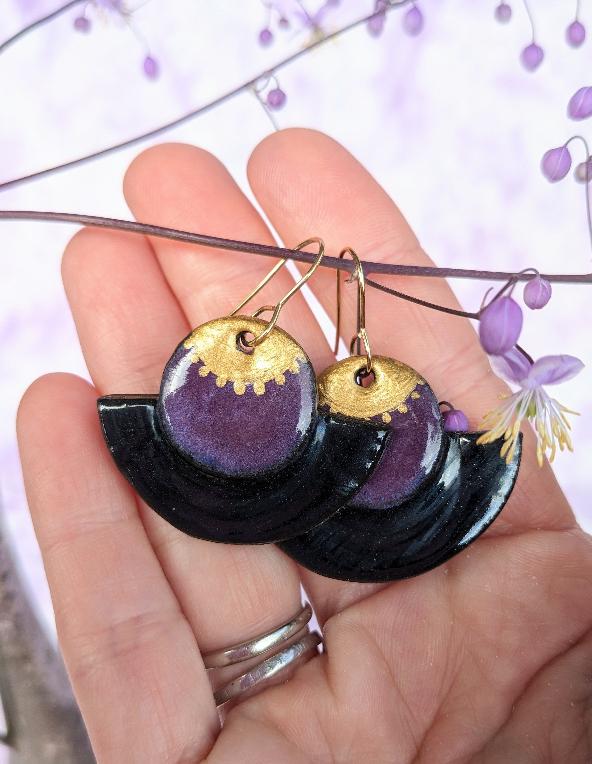 Black, Gold and Purple lightweight ceramic earrings.