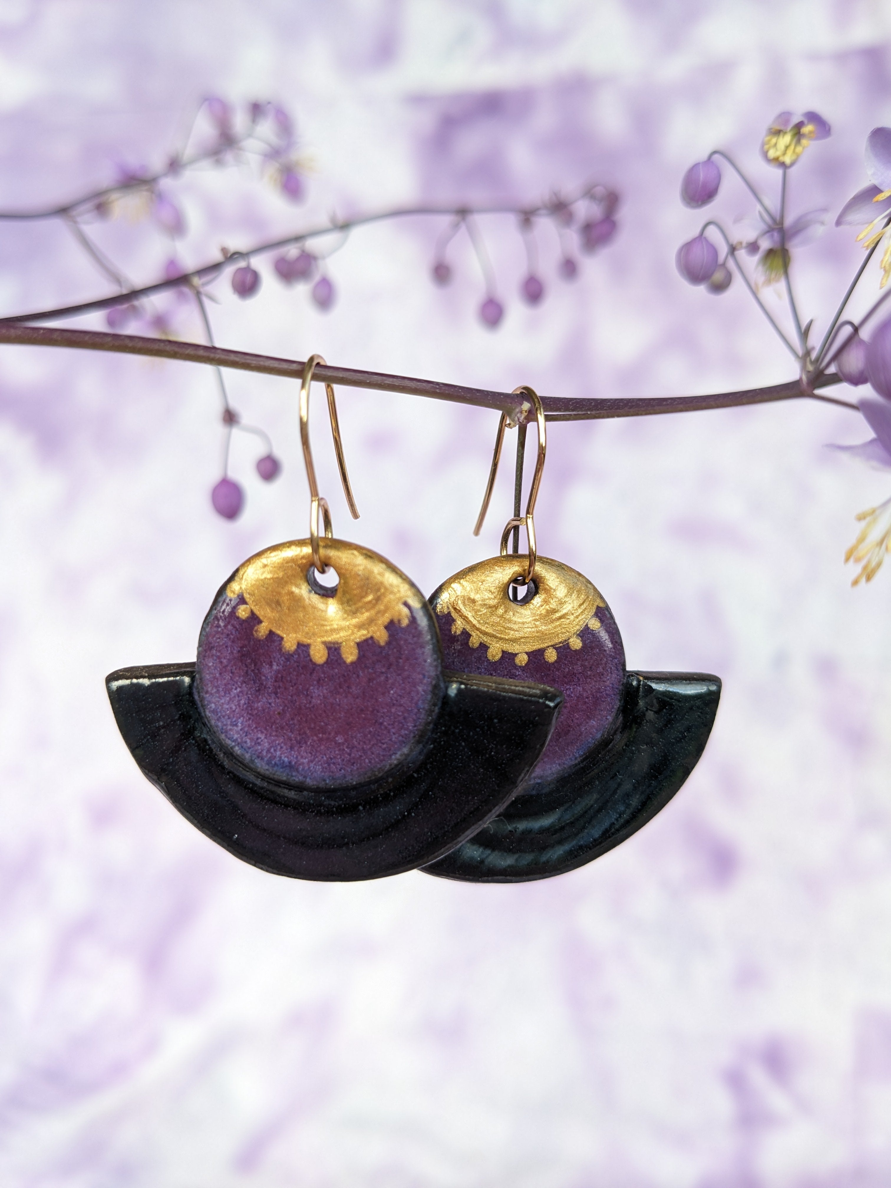 Black, Gold and Purple lightweight ceramic earrings.