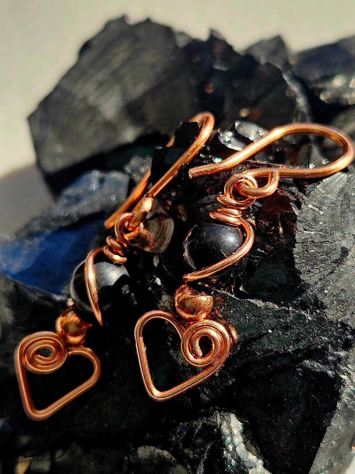 Shungite & Copper Wirework Heart Earrings