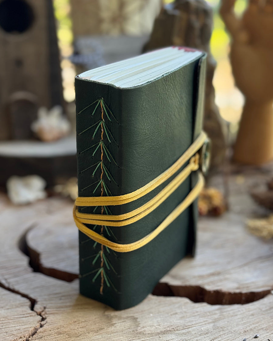 Bottle Green Pine Tree-Stitched Leather A6 Journal