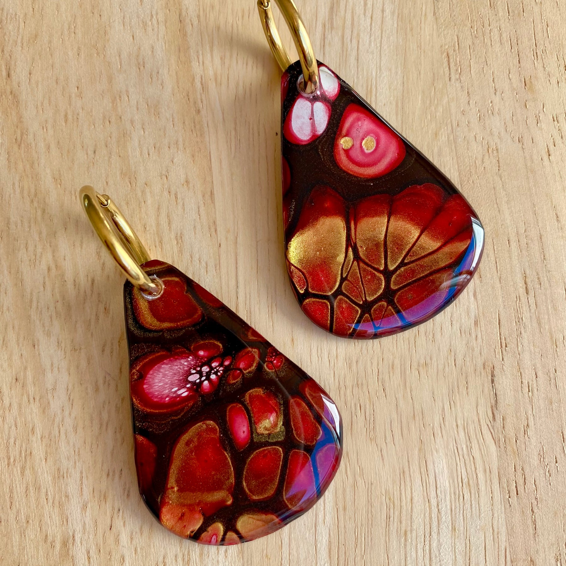 Burgundy and Gold Original Abstract Art Earrings