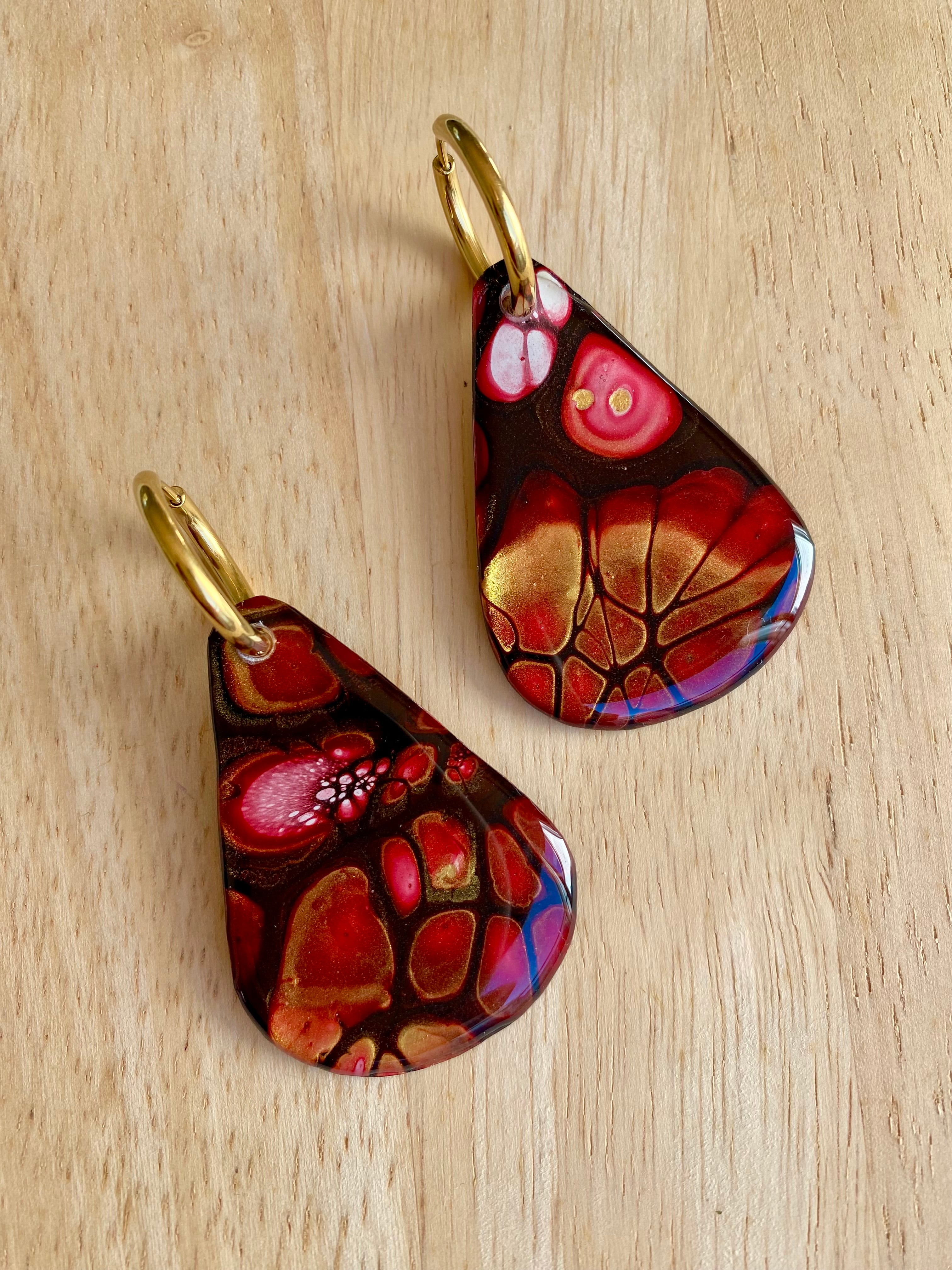 Burgundy and Gold Original Abstract Art Earrings
